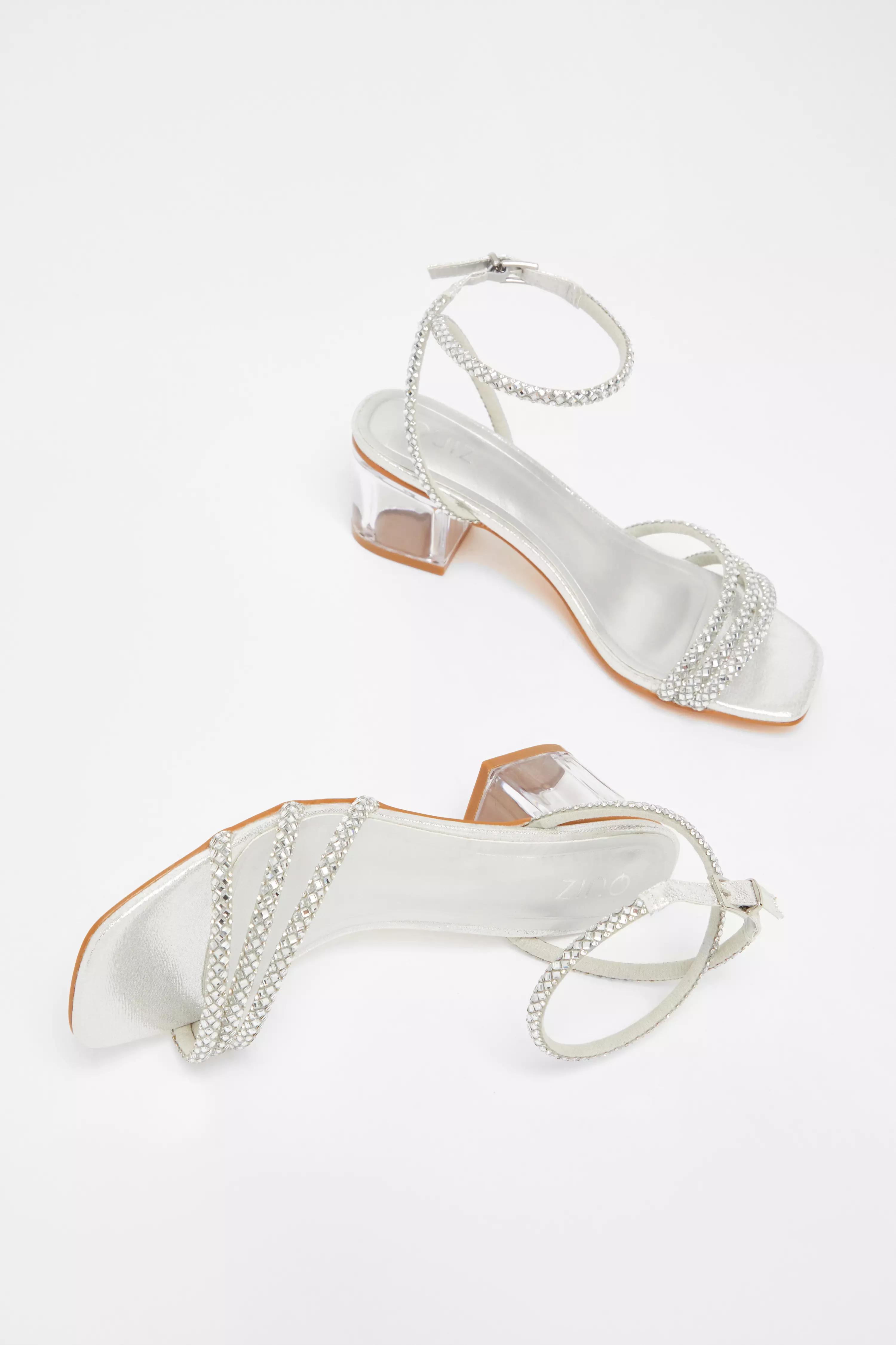 Silver Diamante Low Heeled Sandals