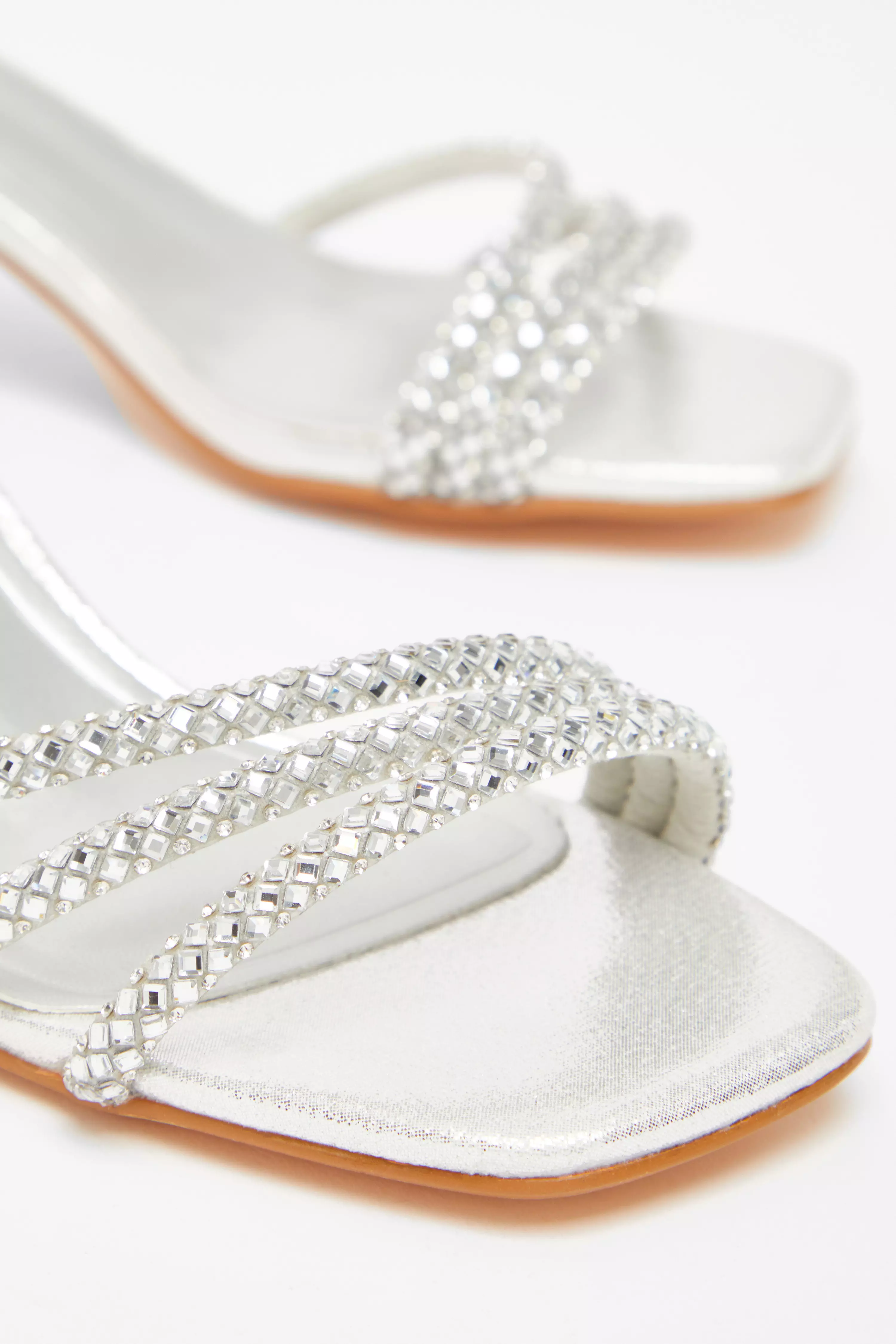 Silver Diamante Low Heeled Sandals