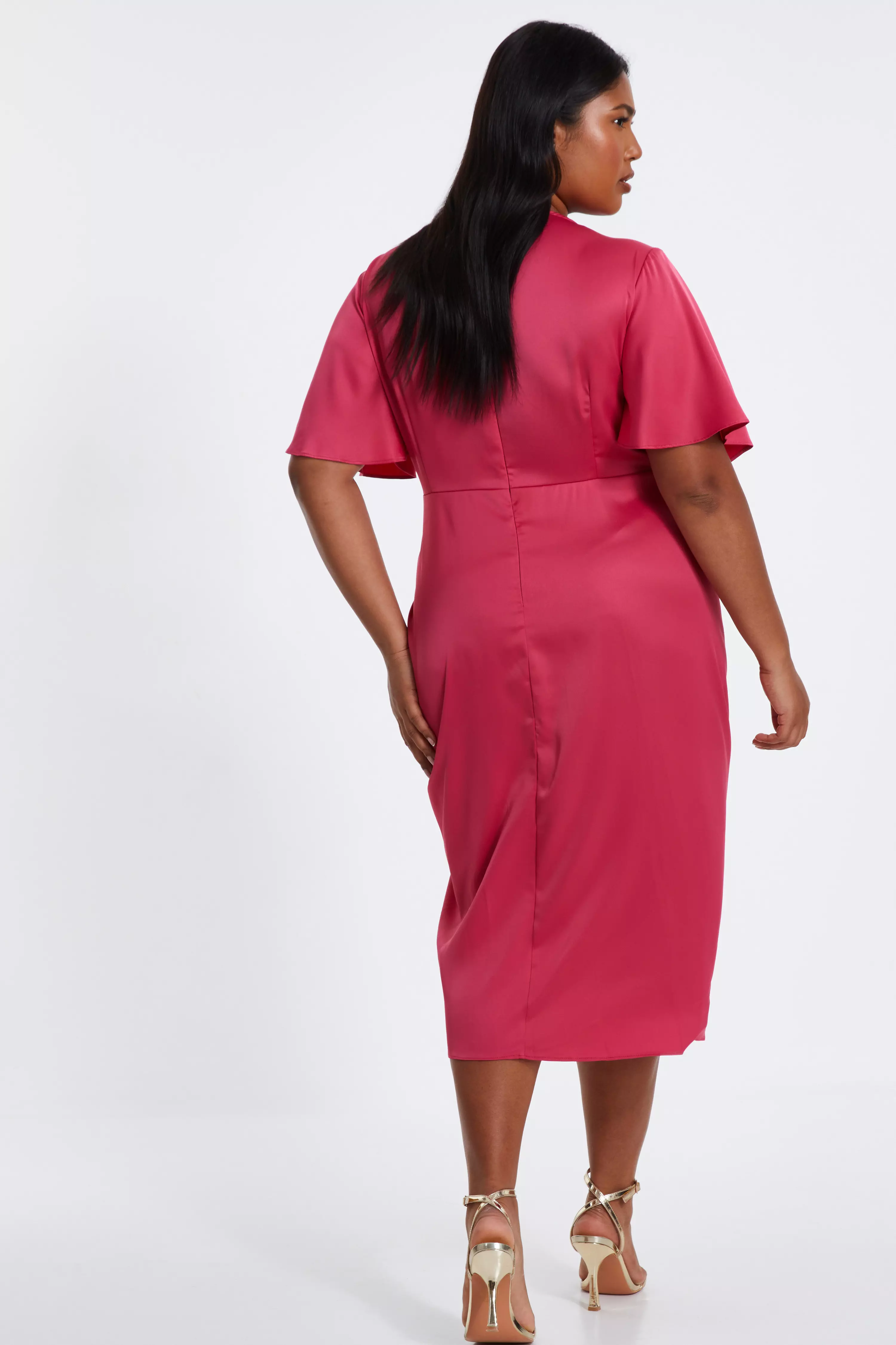 Curve Raspberry Satin Ruched Wrap Midi Dress