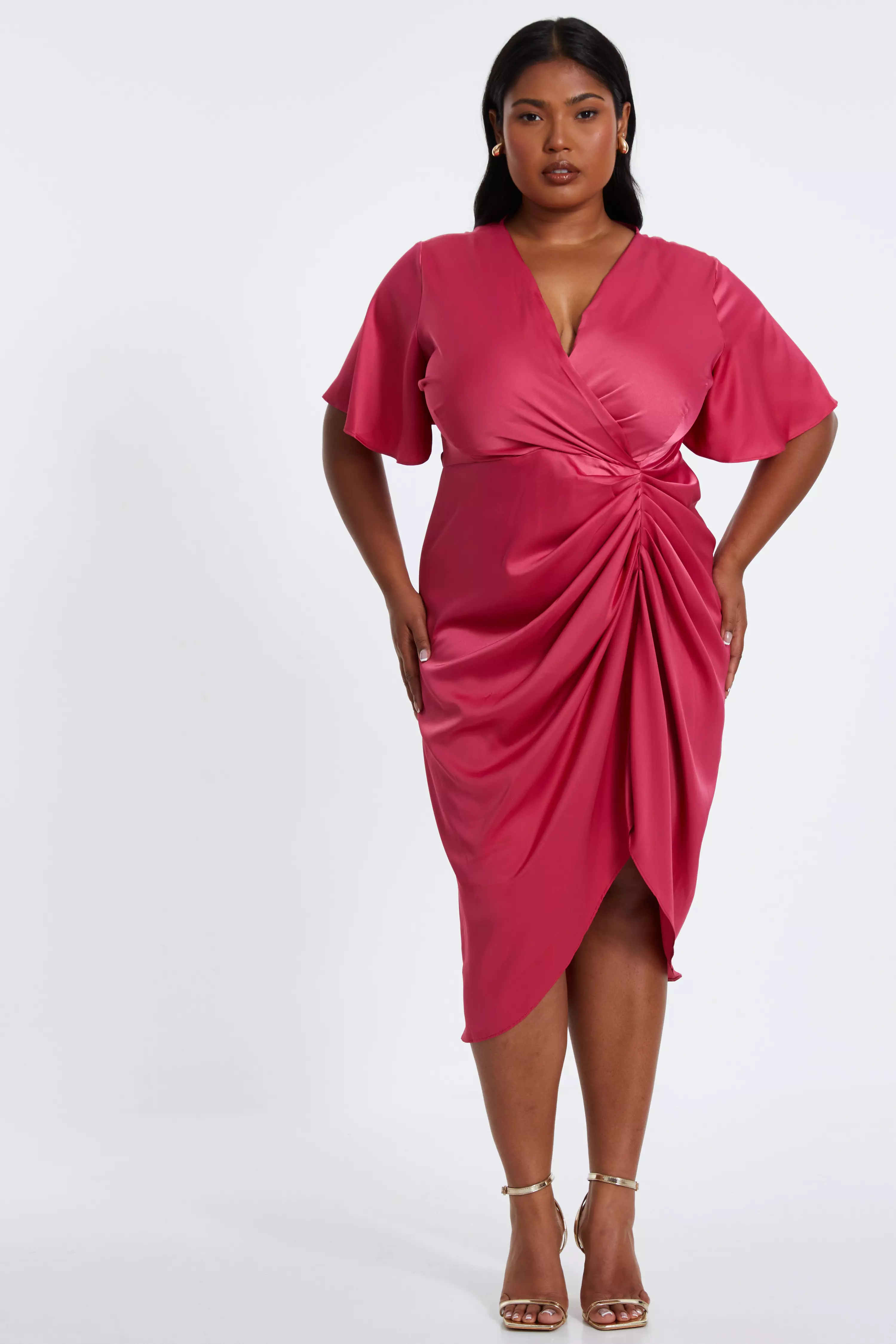 Curve Raspberry Satin Wrap Midi Dress