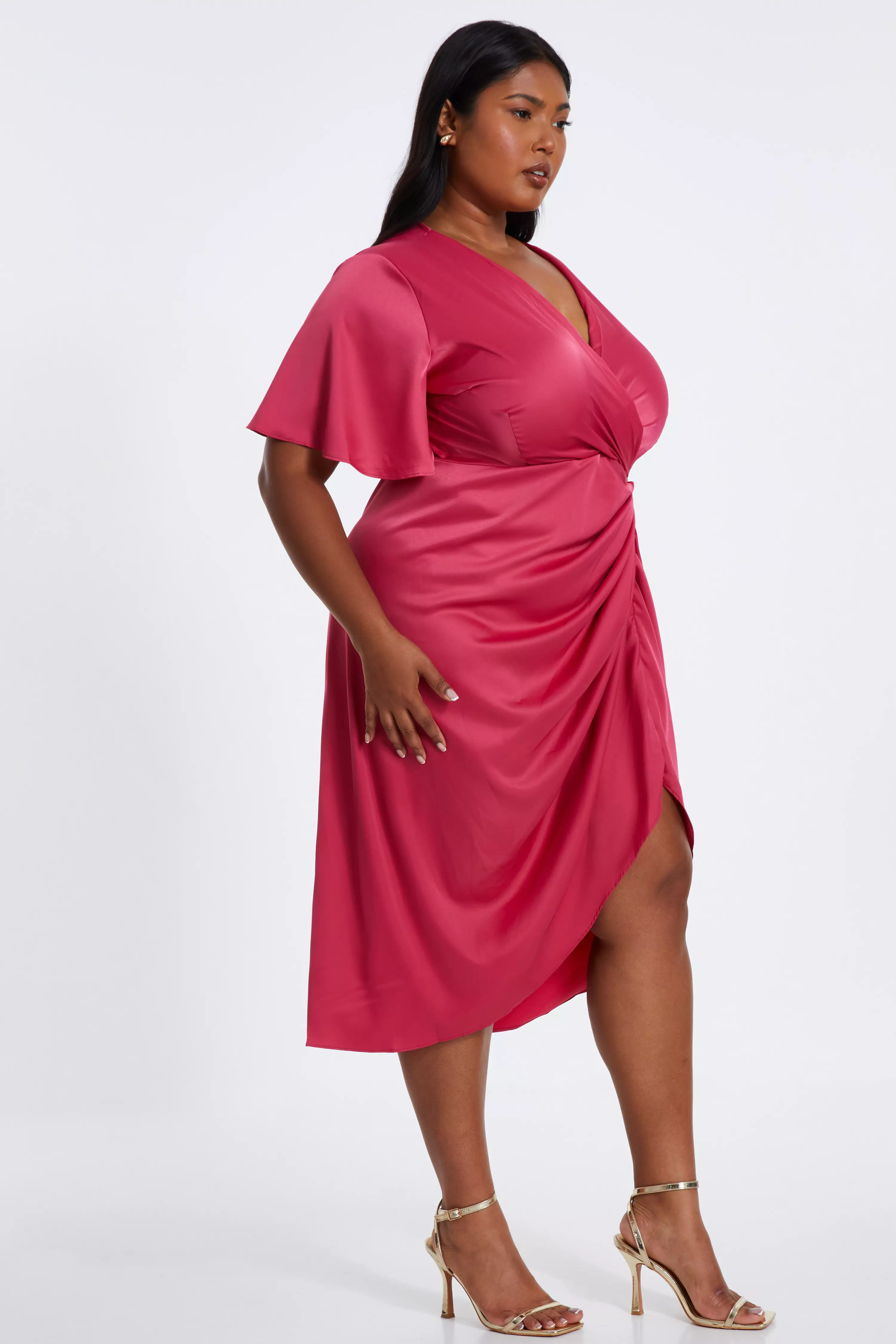 Curve Raspberry Satin Ruched Wrap Midi Dress