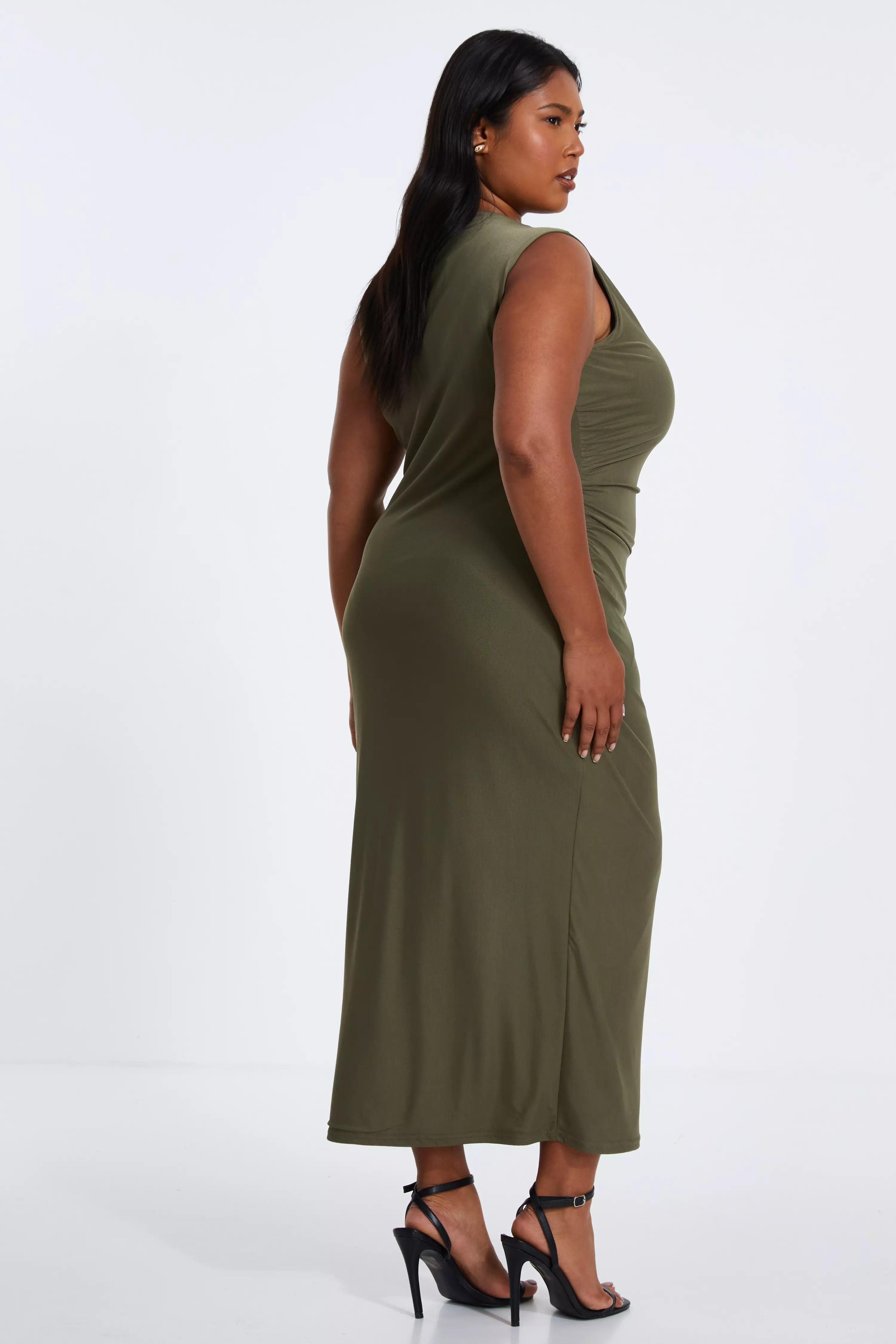 Curve Khaki Round Neck Midaxi Dress