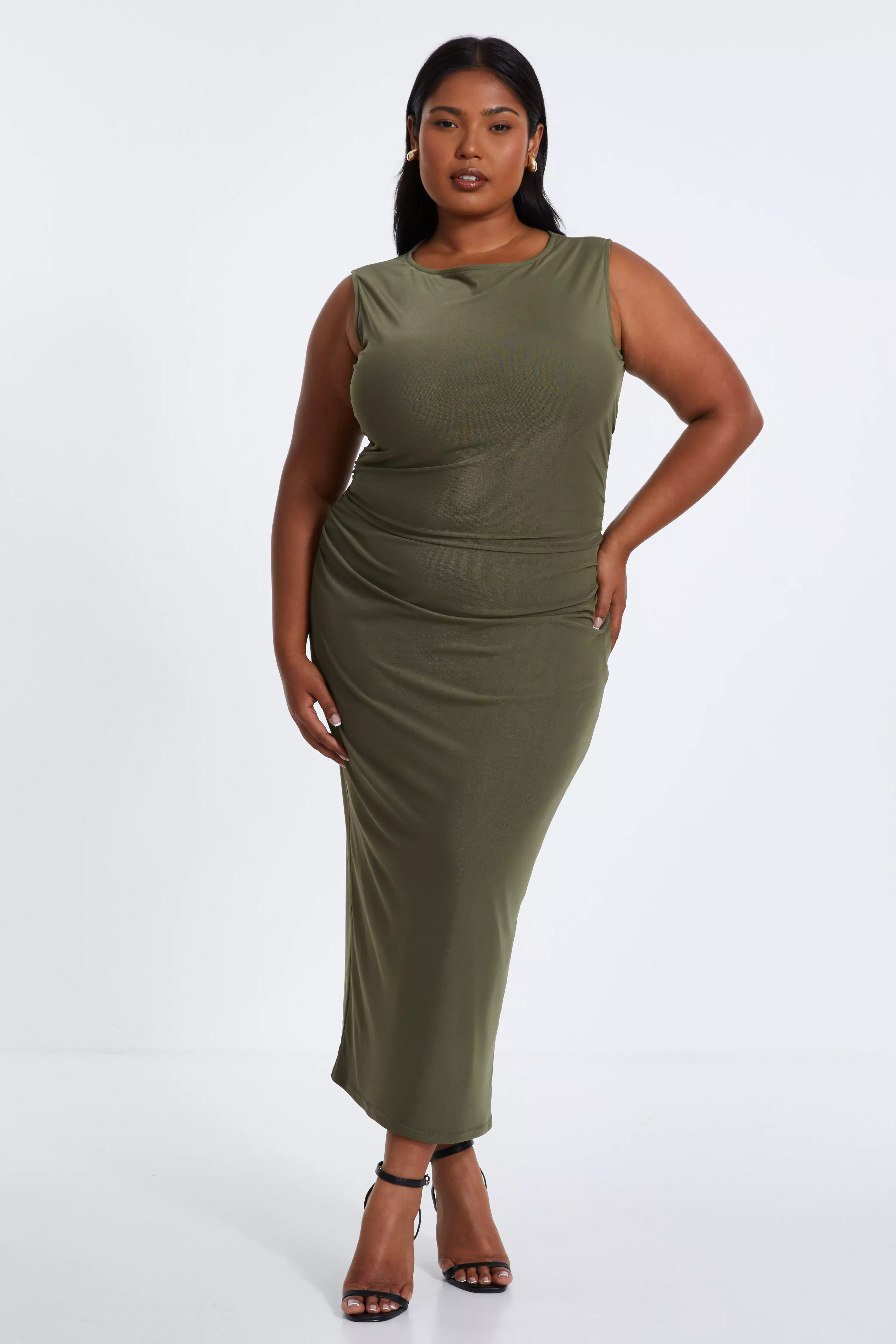 Curve Khaki Round Neck Midaxi Dress