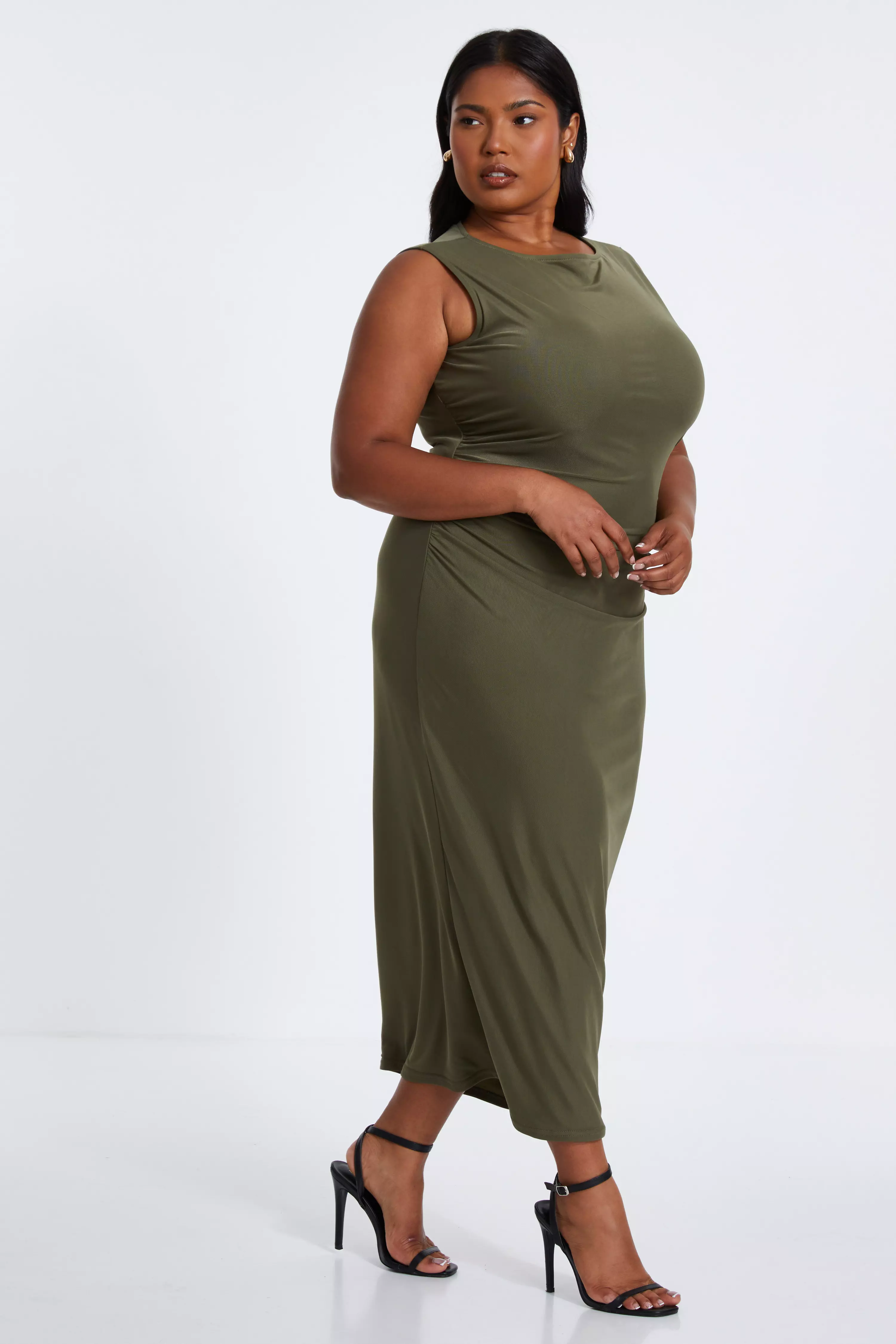 Curve Khaki Round Neck Midaxi Dress