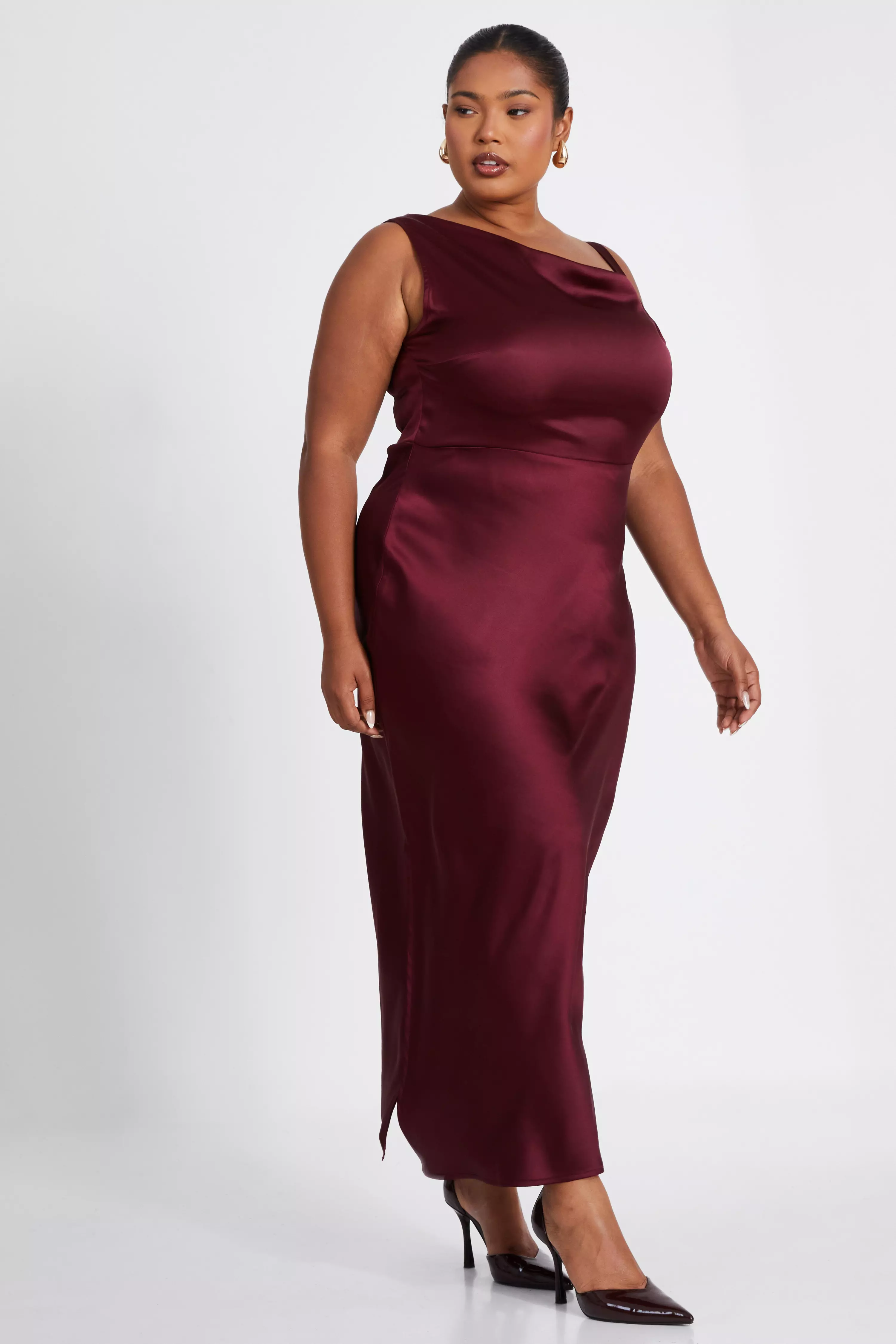 Curve Dark Red Satin Midaxi Dress