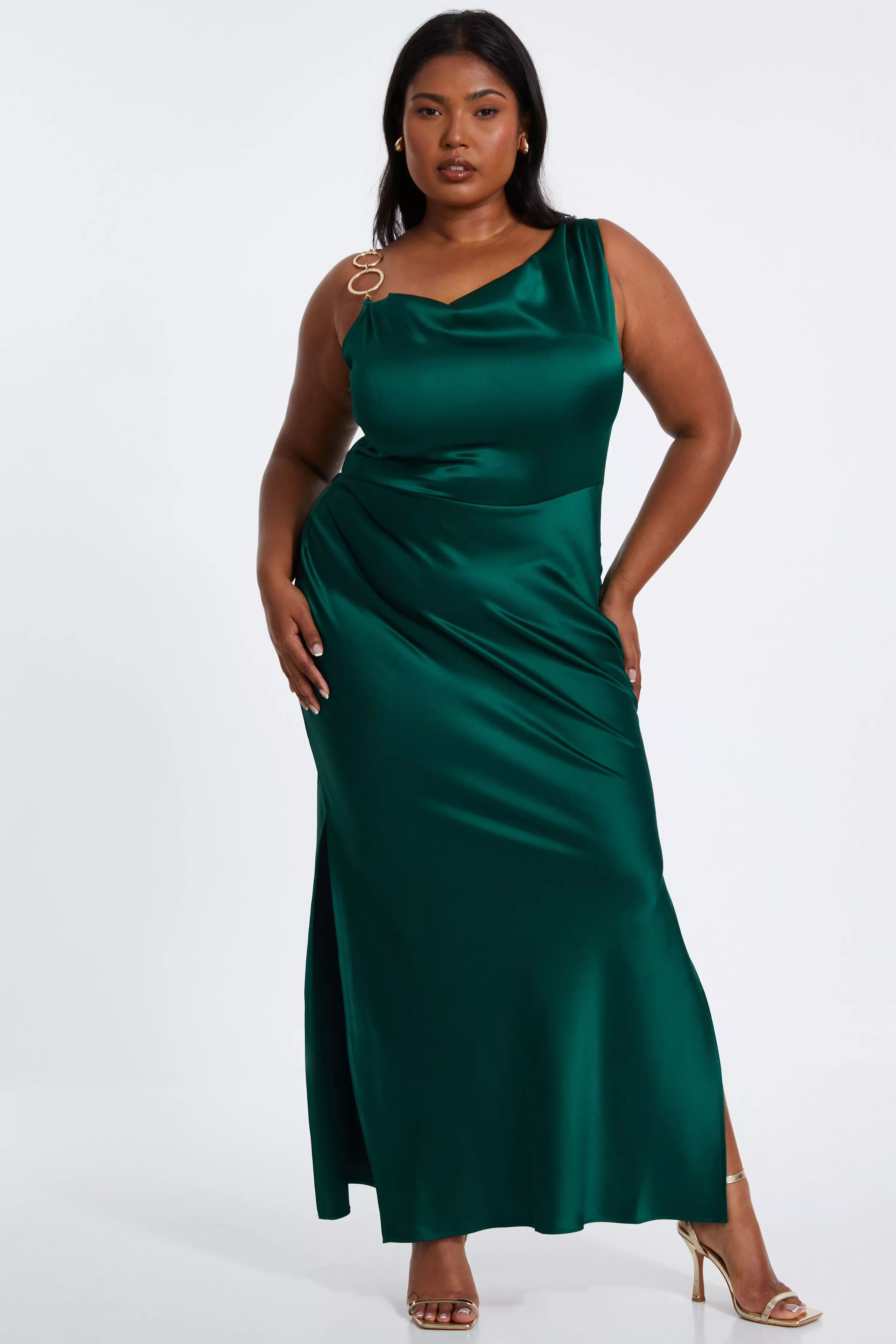 Curve Bottle Green Satin Ruched Midi Dress