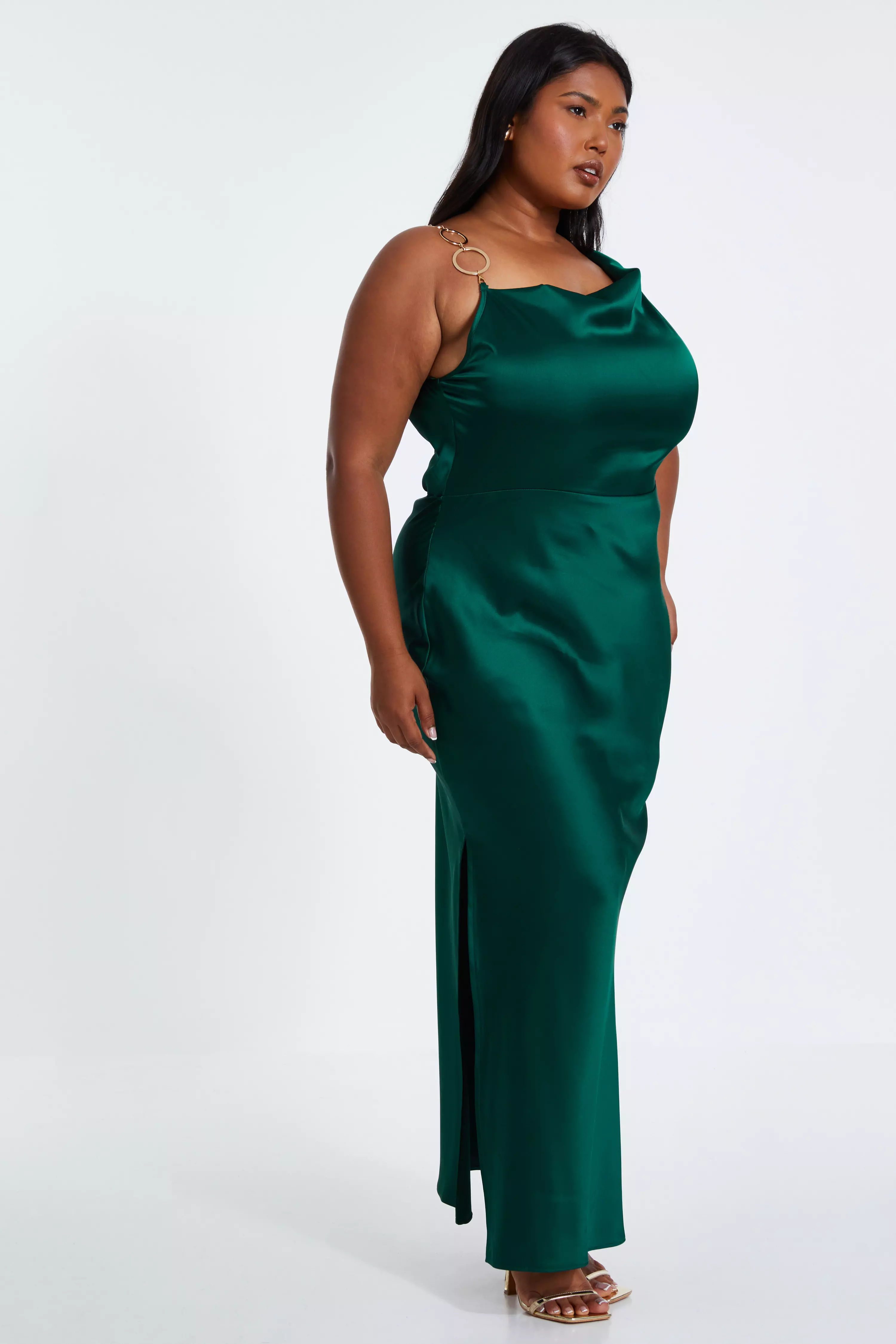 Curve Bottle Green Satin Ruched Midi Dress