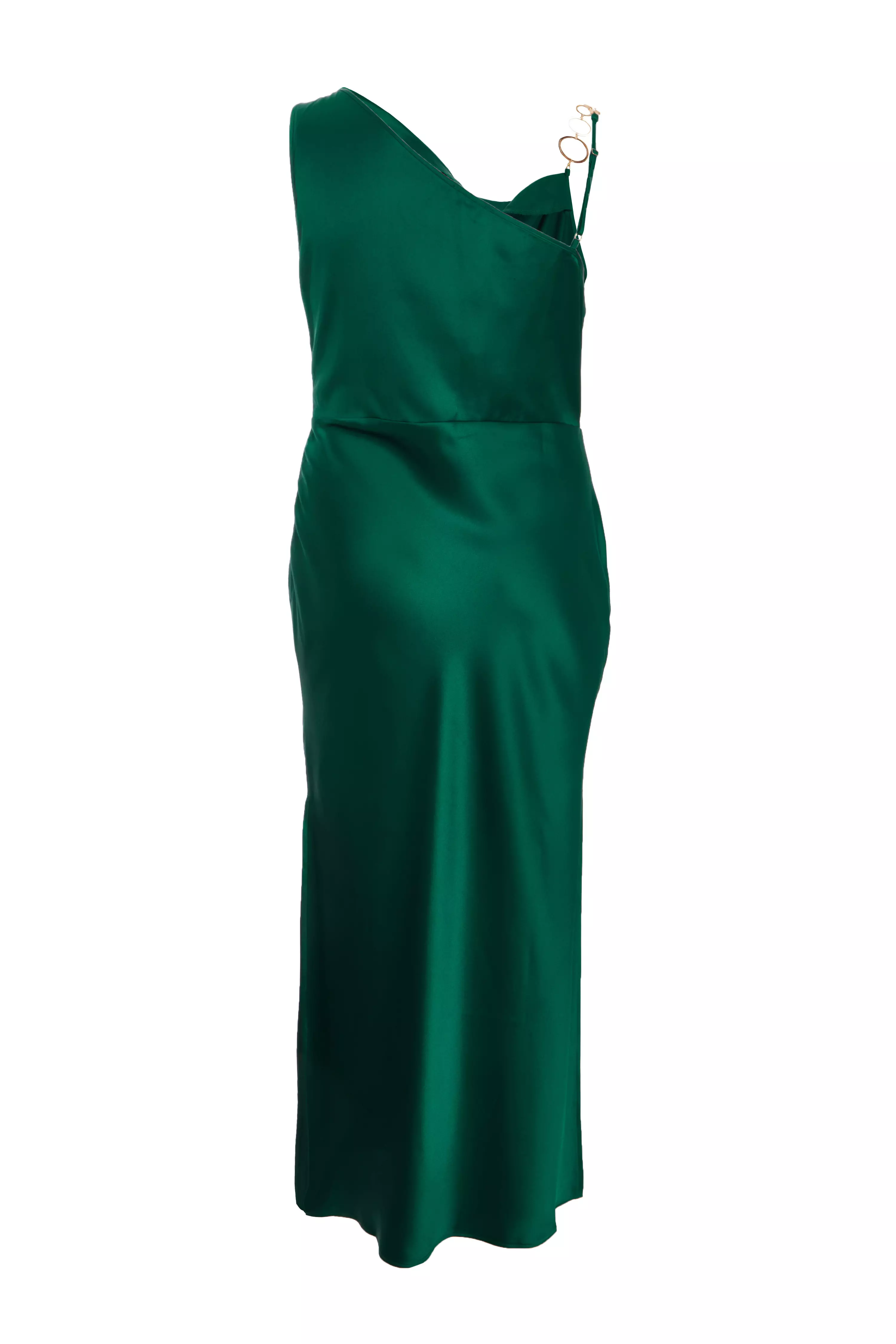 Curve Bottle Green Satin Ruched Midi Dress