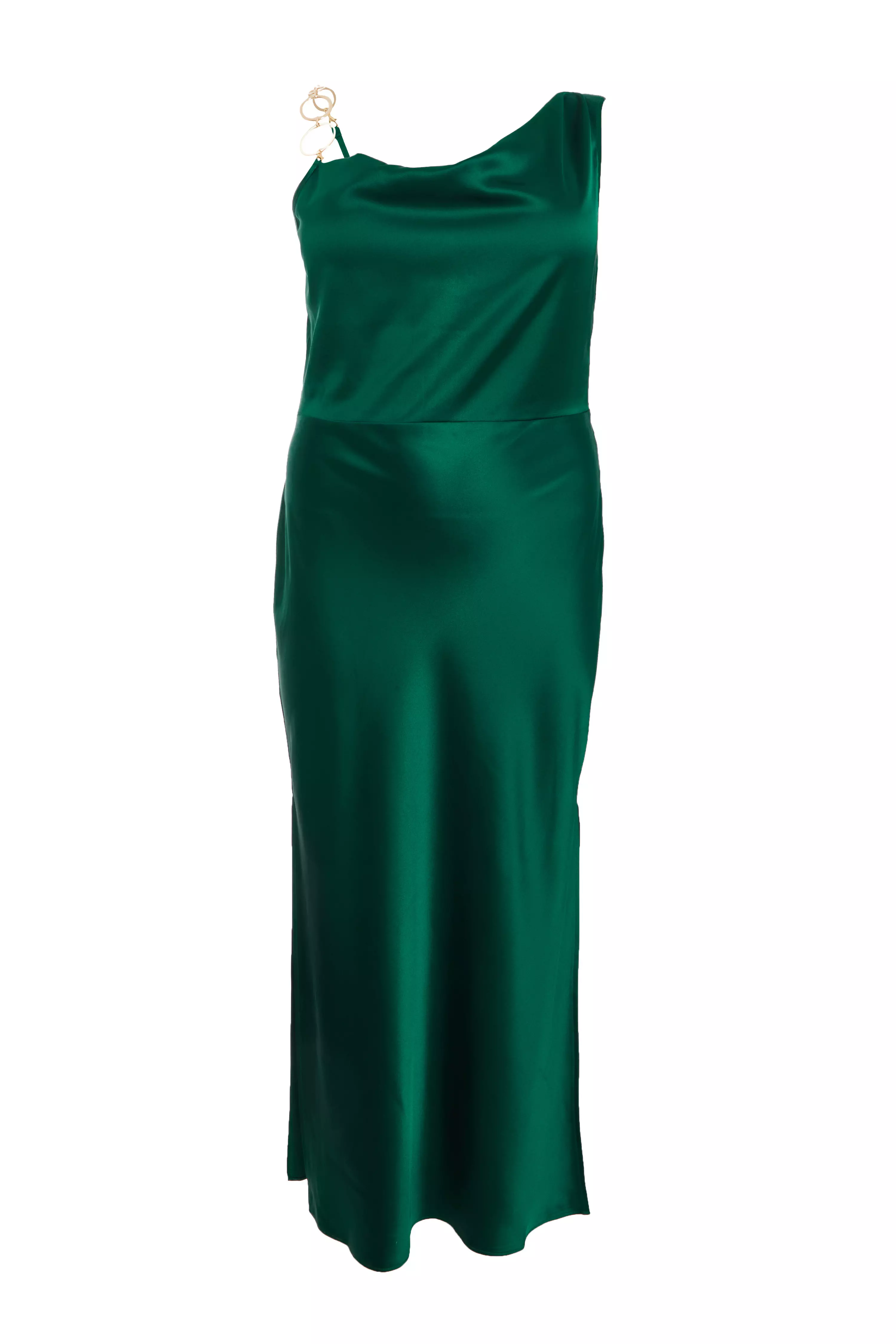 Curve Bottle Green Satin Ruched Midi Dress