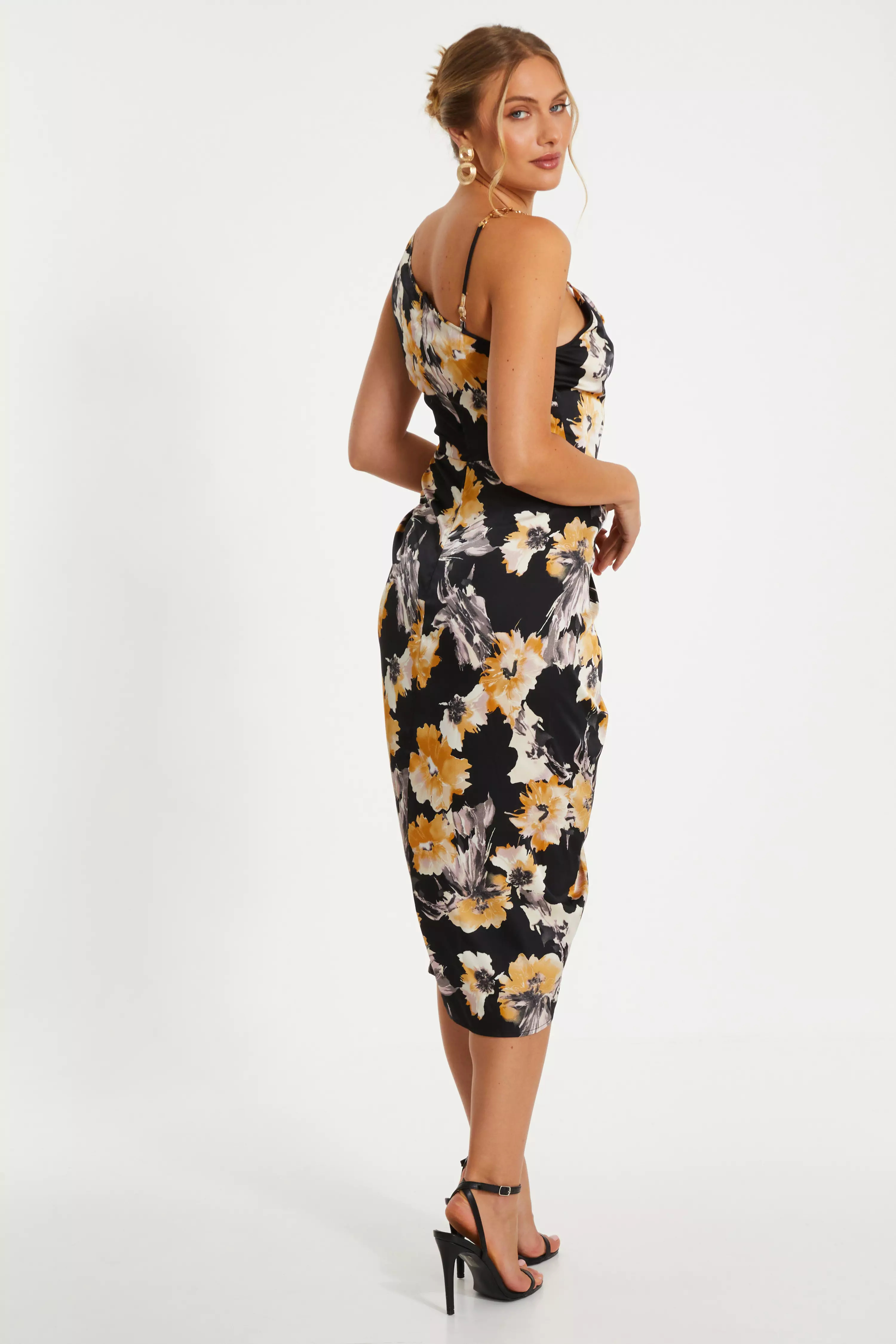 Black Floral Print Satin Ruched Midi Dress