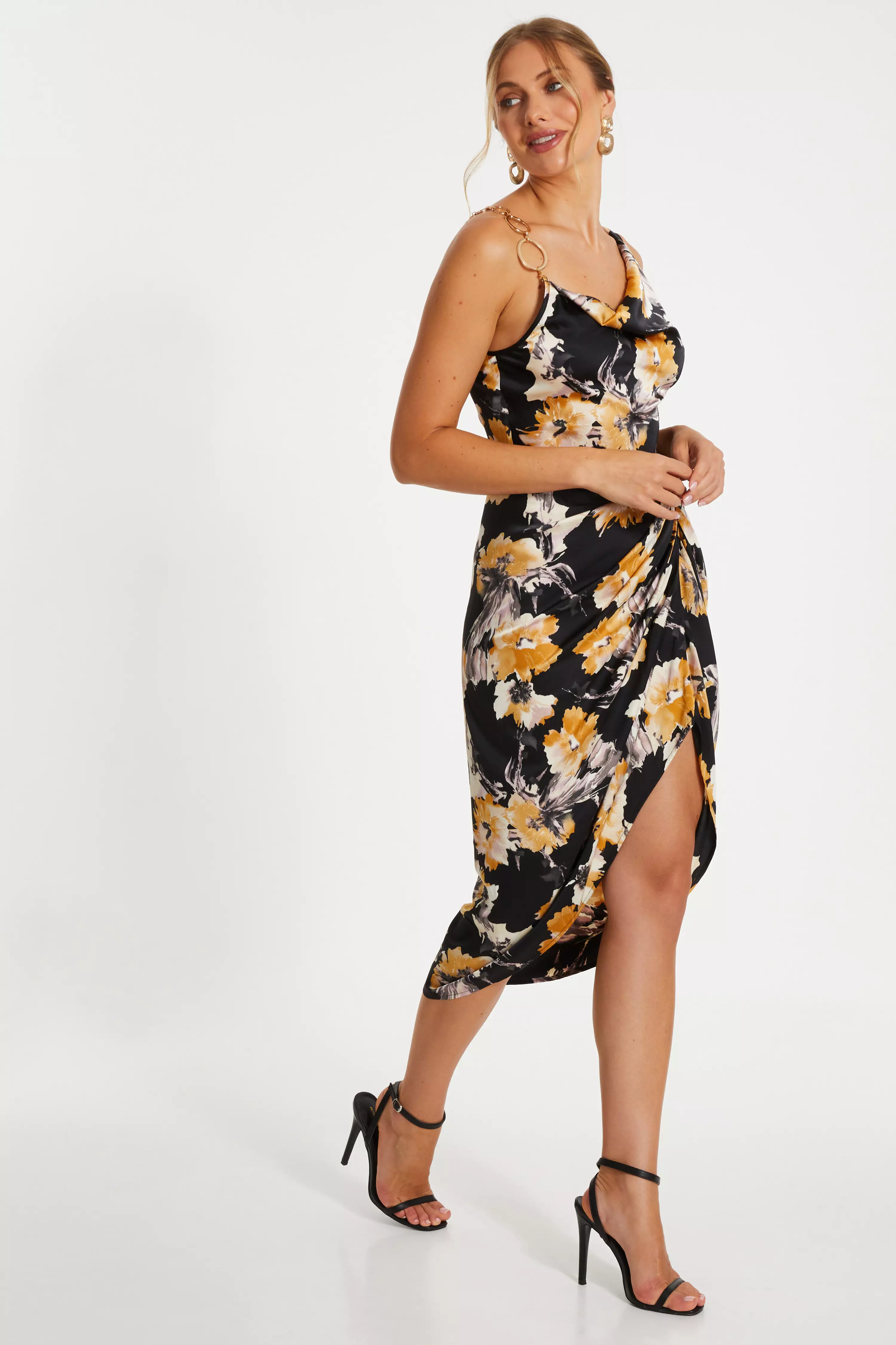 Black Floral Print Satin Ruched Midi Dress