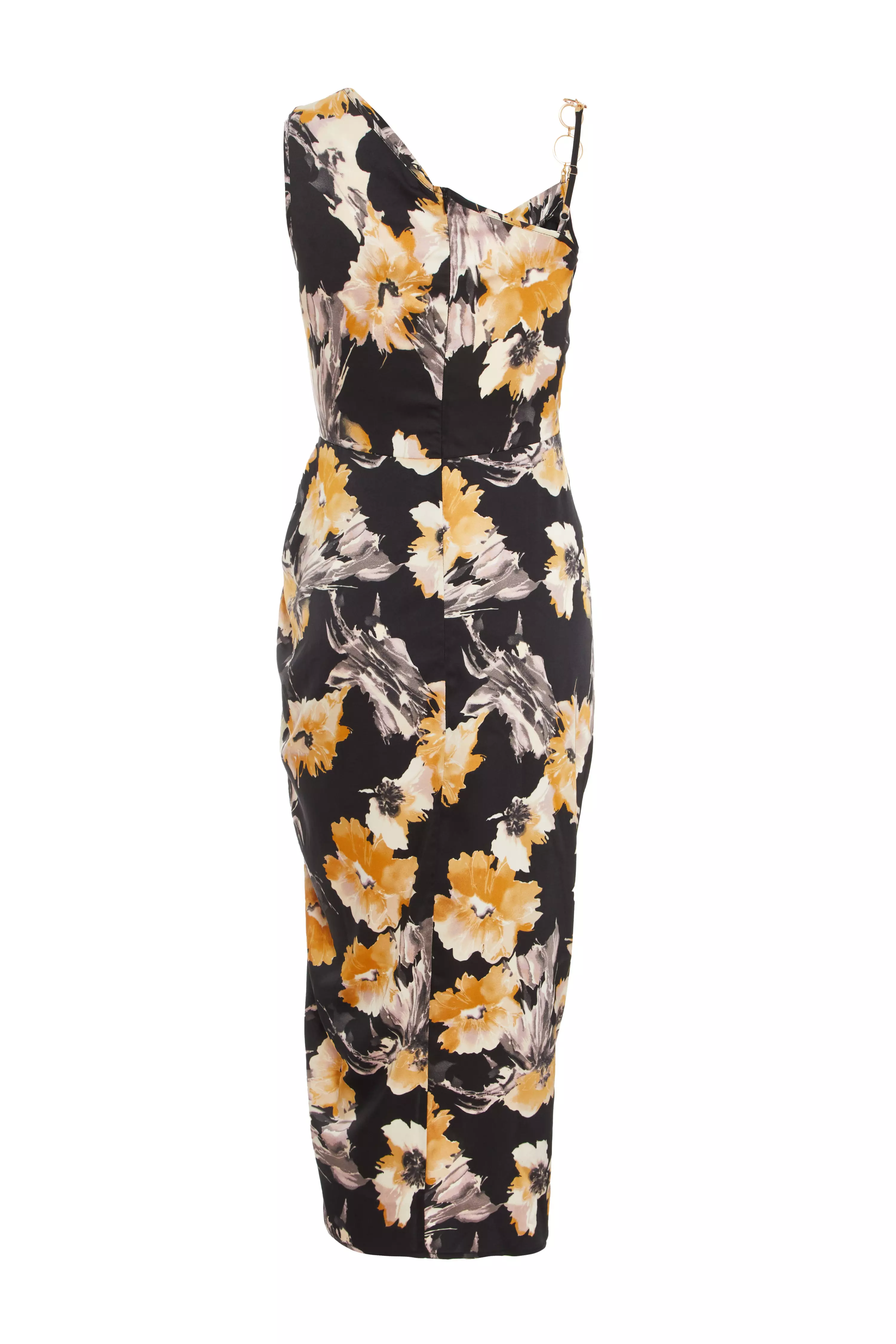 Black Floral Print Satin Ruched Midi Dress