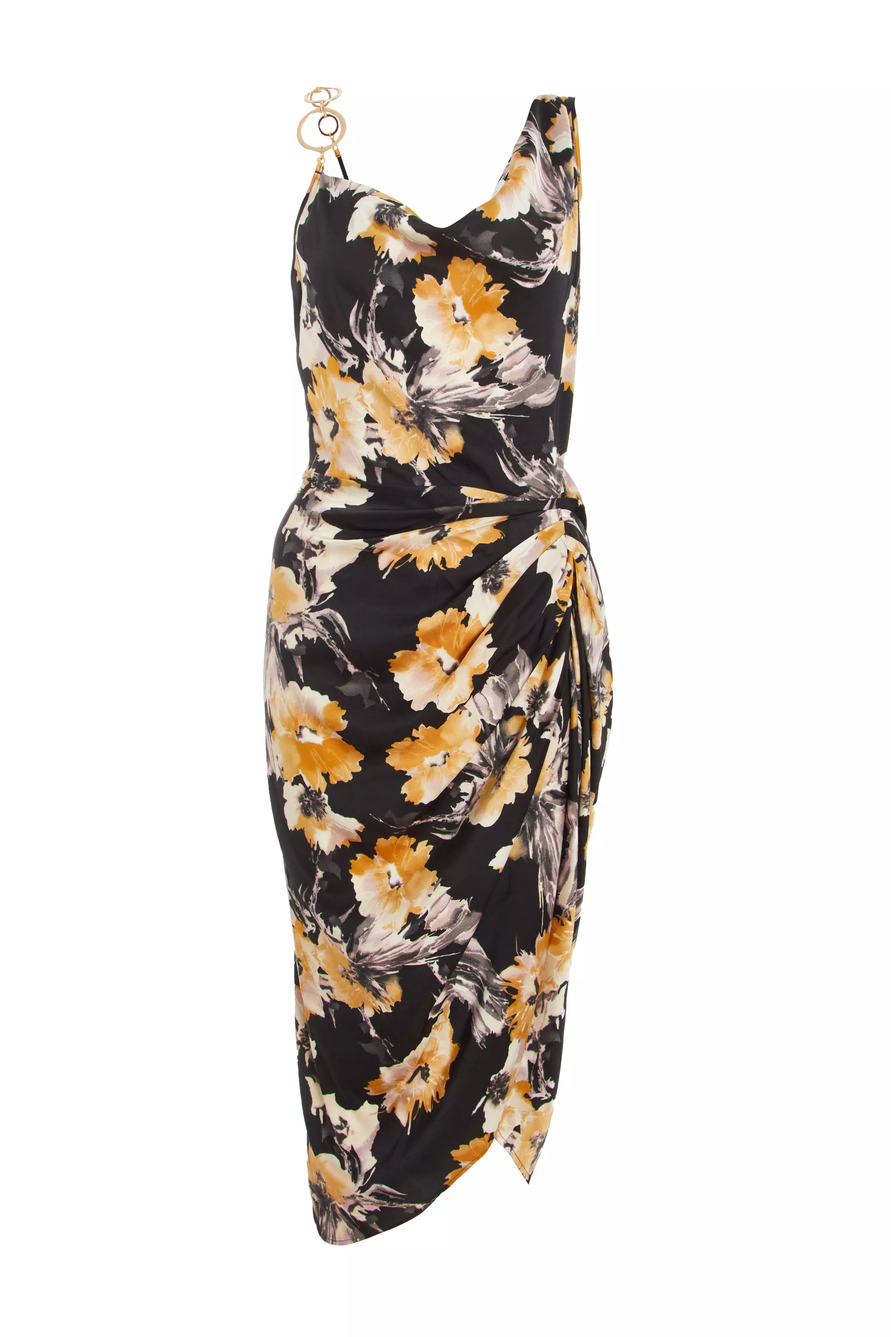 Black Floral Print Satin Ruched Midi Dress