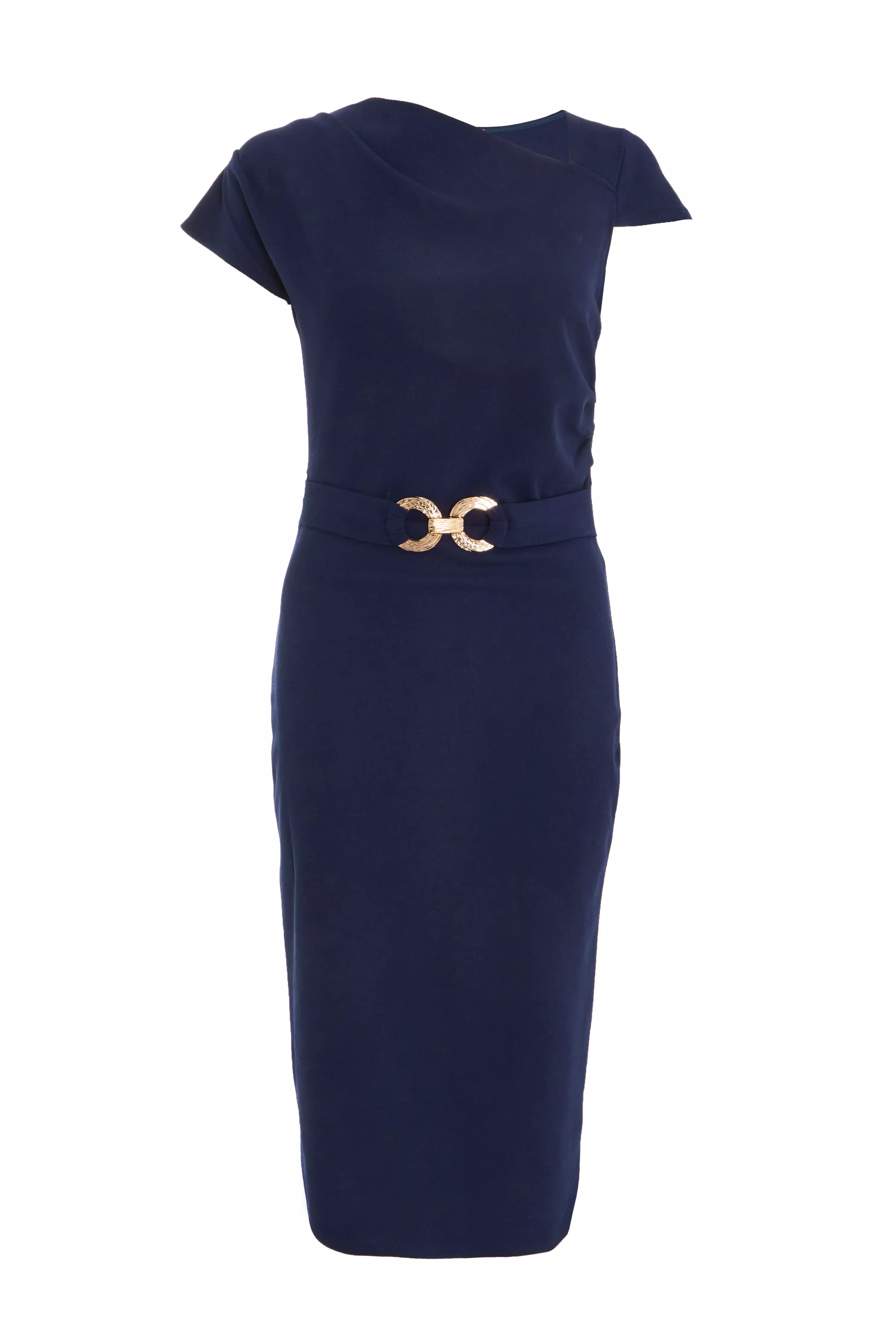 Navy Buckle Detail Midi Dress