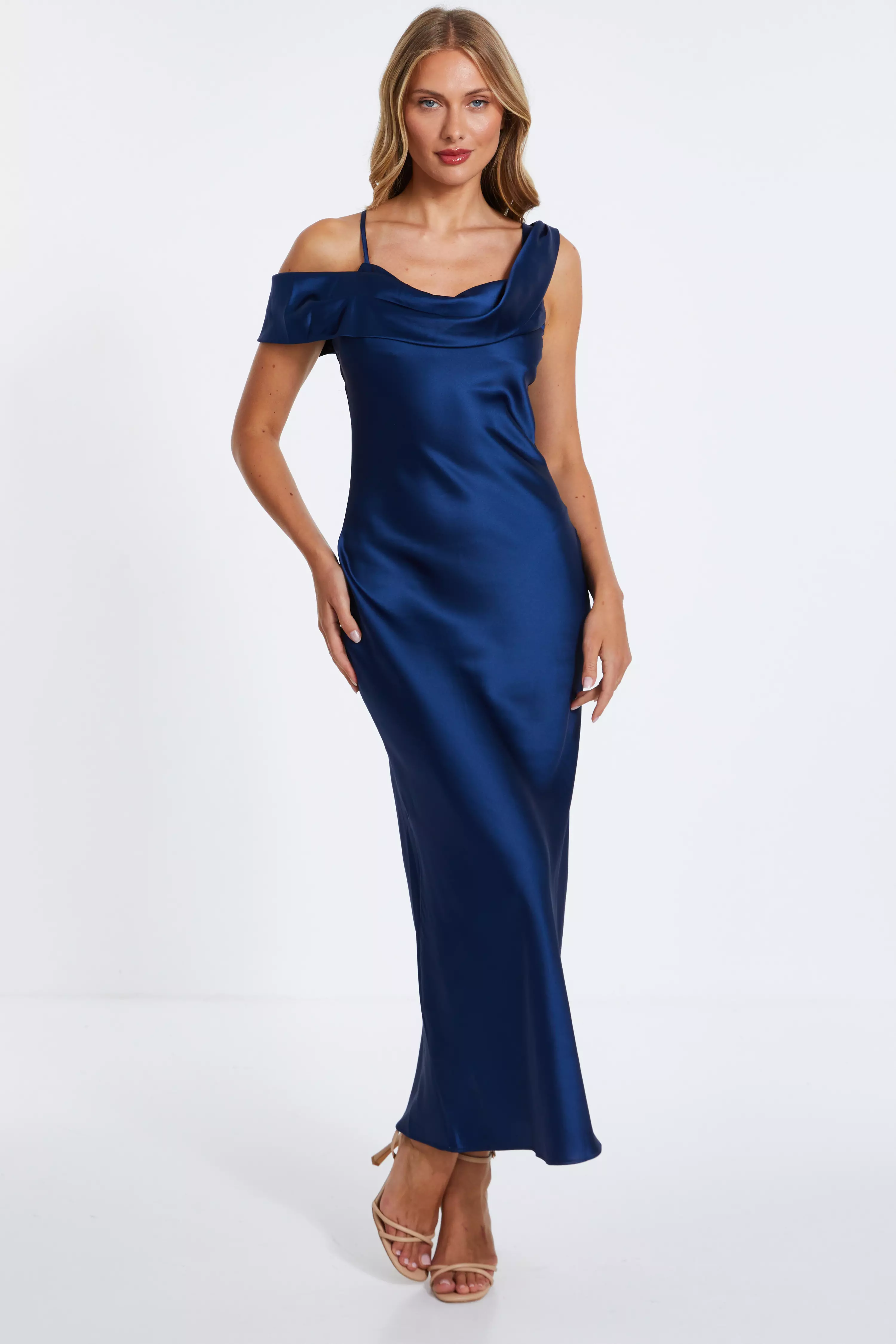 Navy Asymmetric Cowl Midaxi Dress