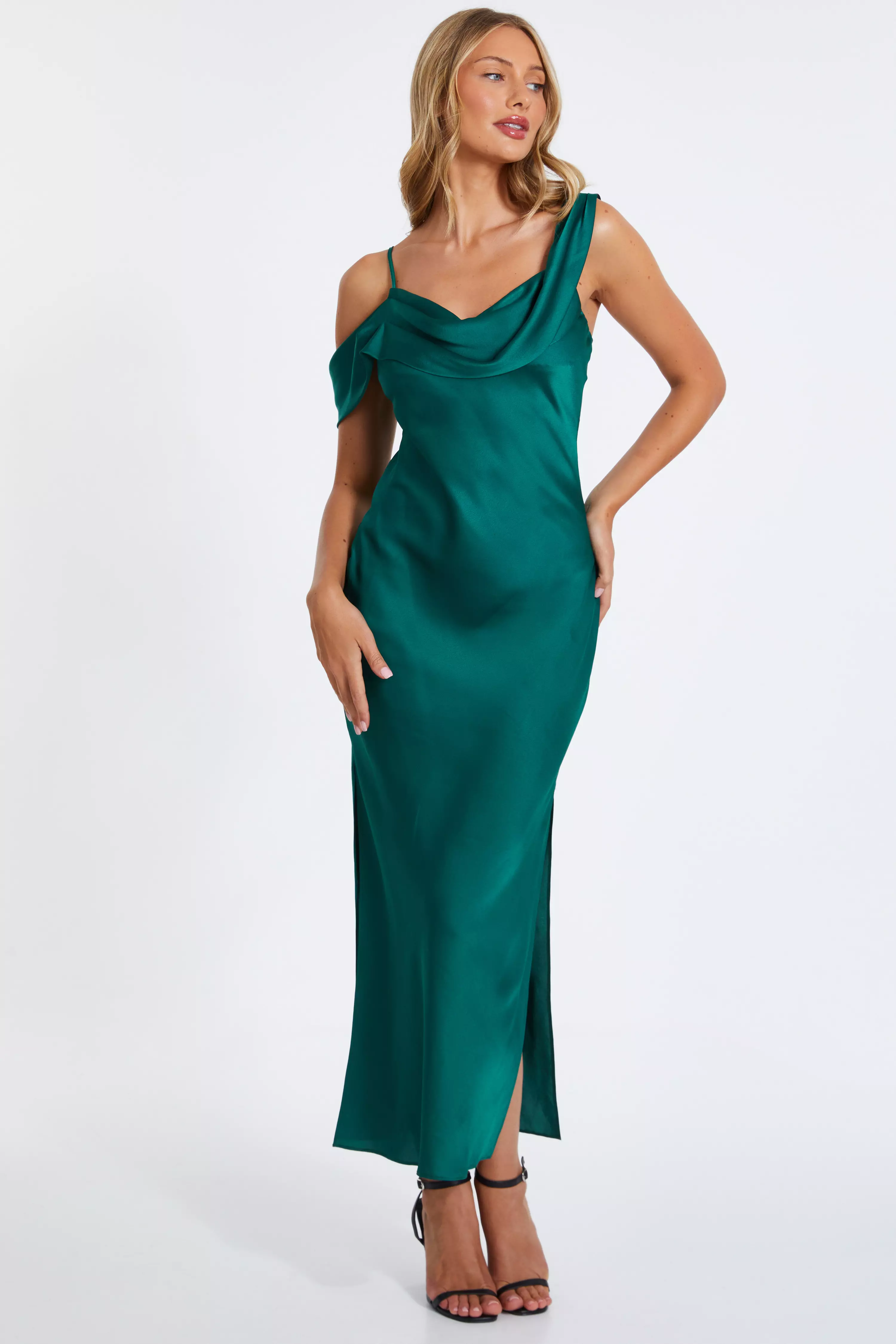 Bottle Green Satin Drop Shoulder Maxi Dress