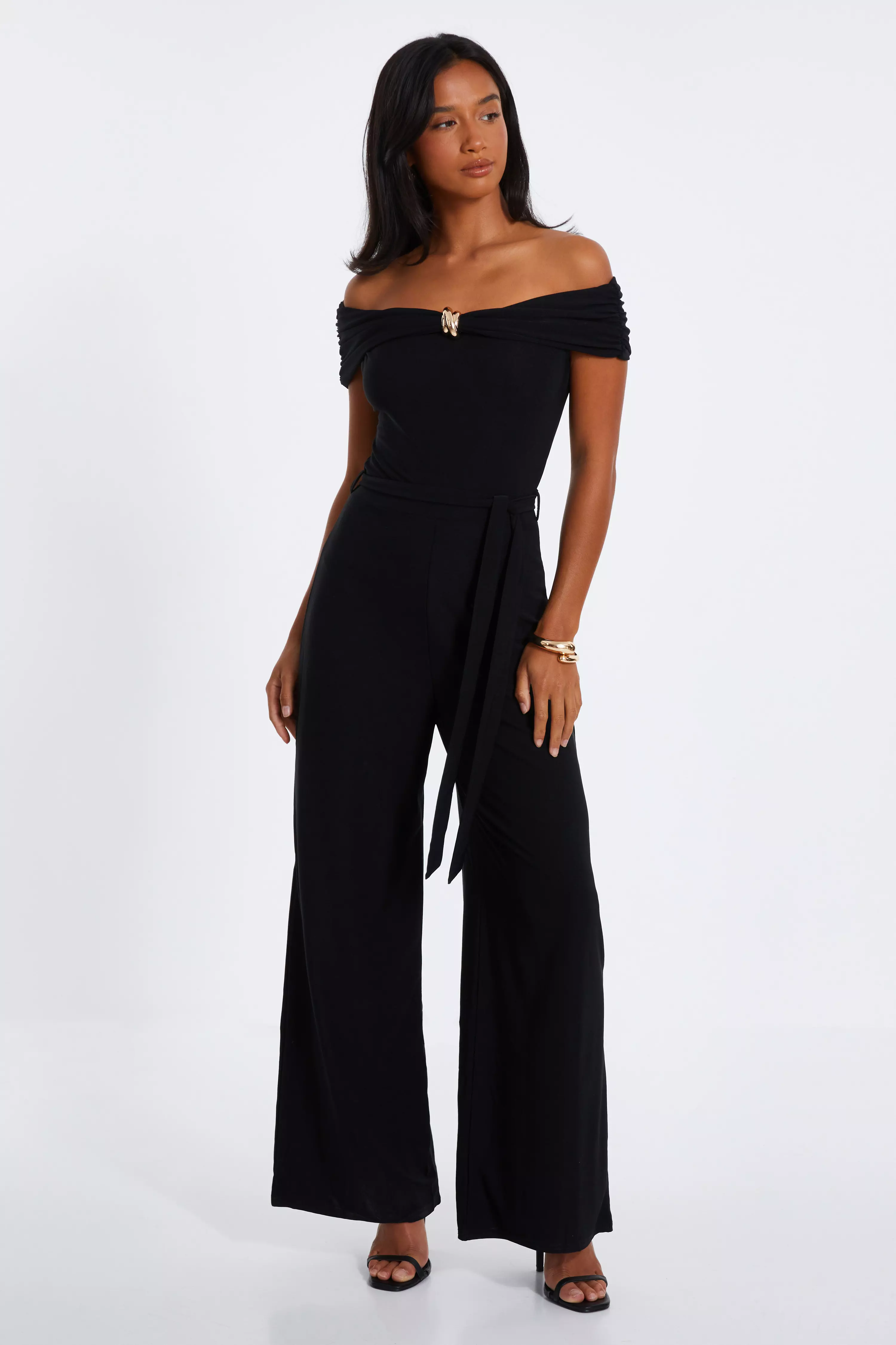 Petite Black Bardot Palazzo Jumpsuit