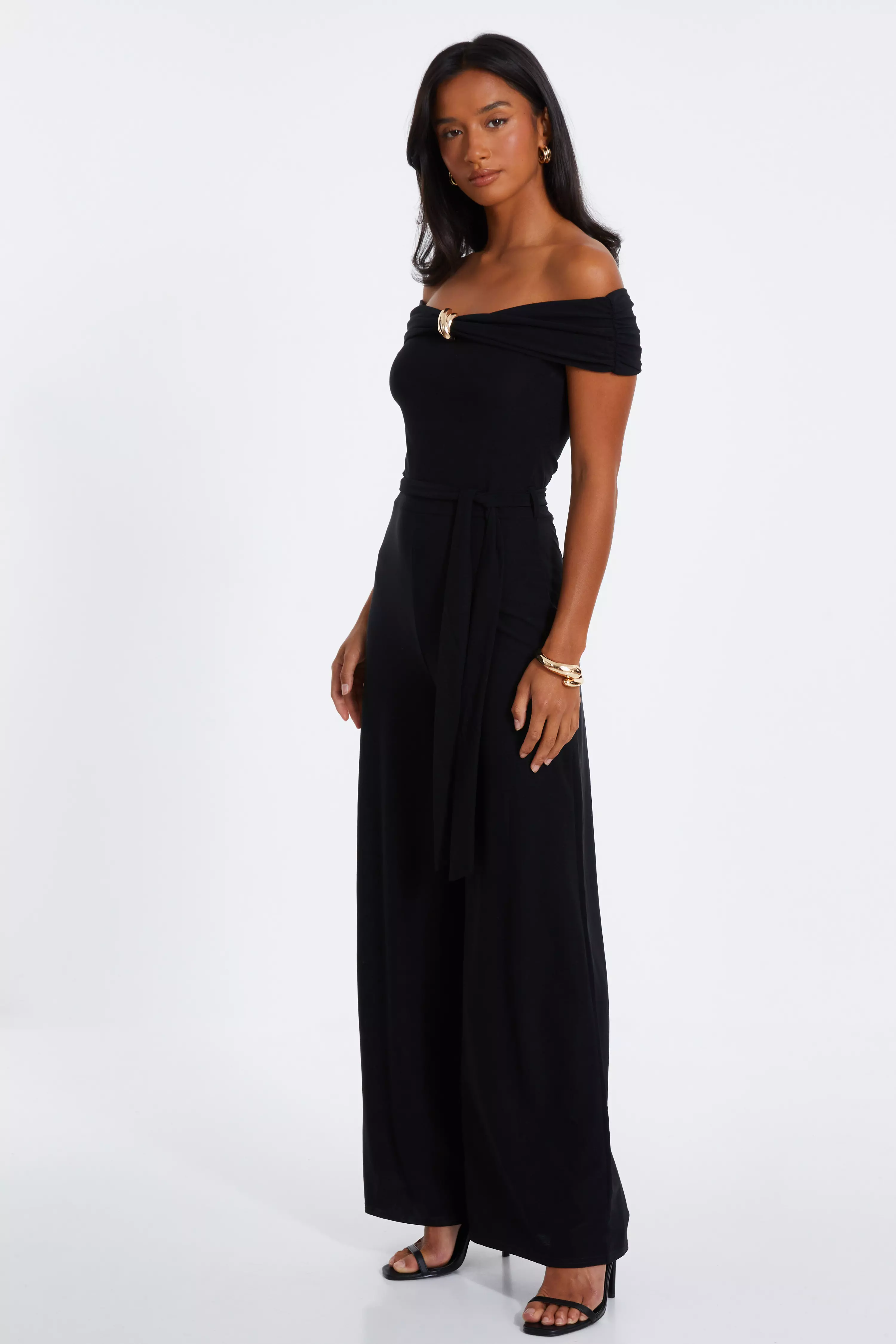 Petite Black Bardot Palazzo Jumpsuit