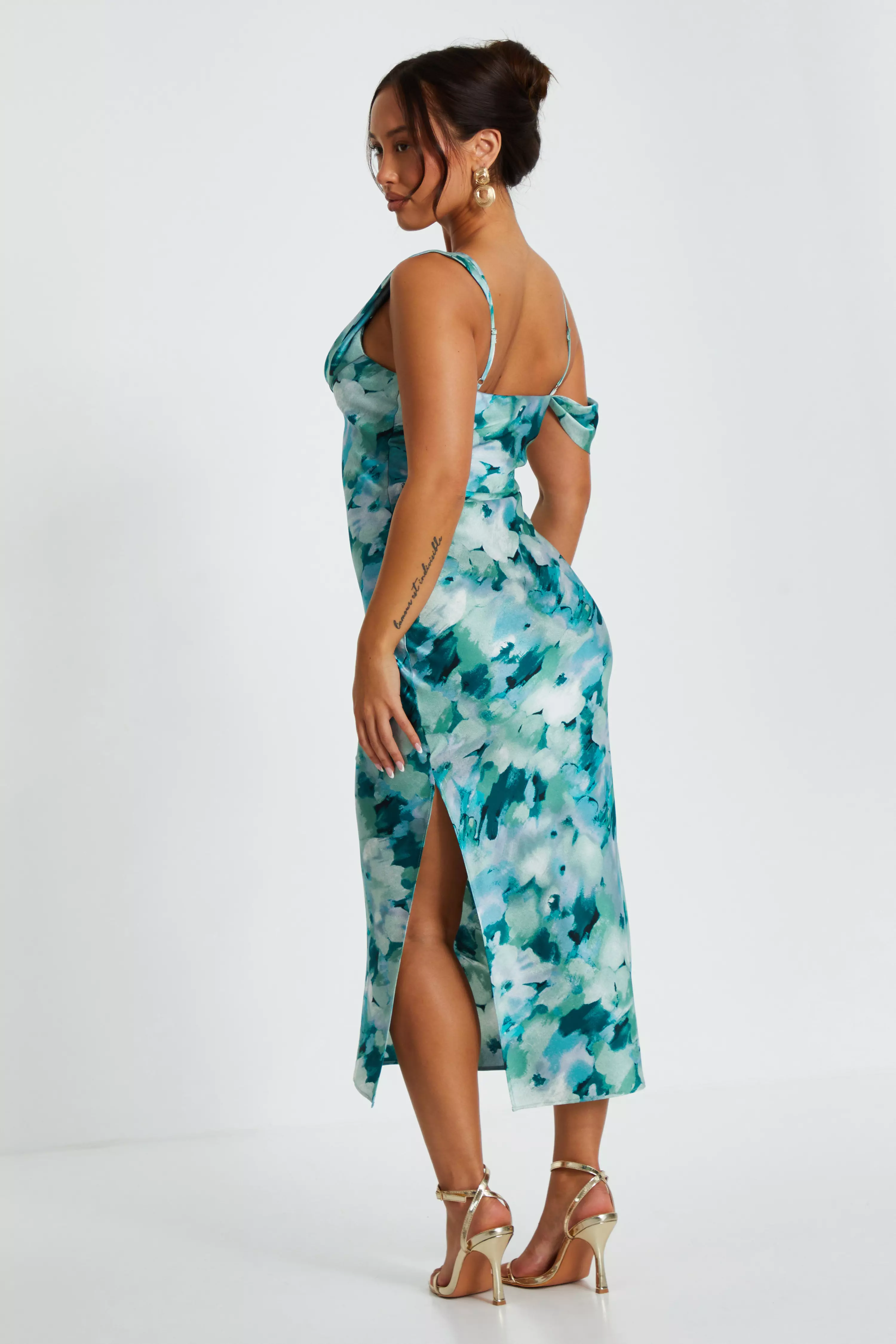 Petite Green Floral Satin Asymmetric Midaxi Dress