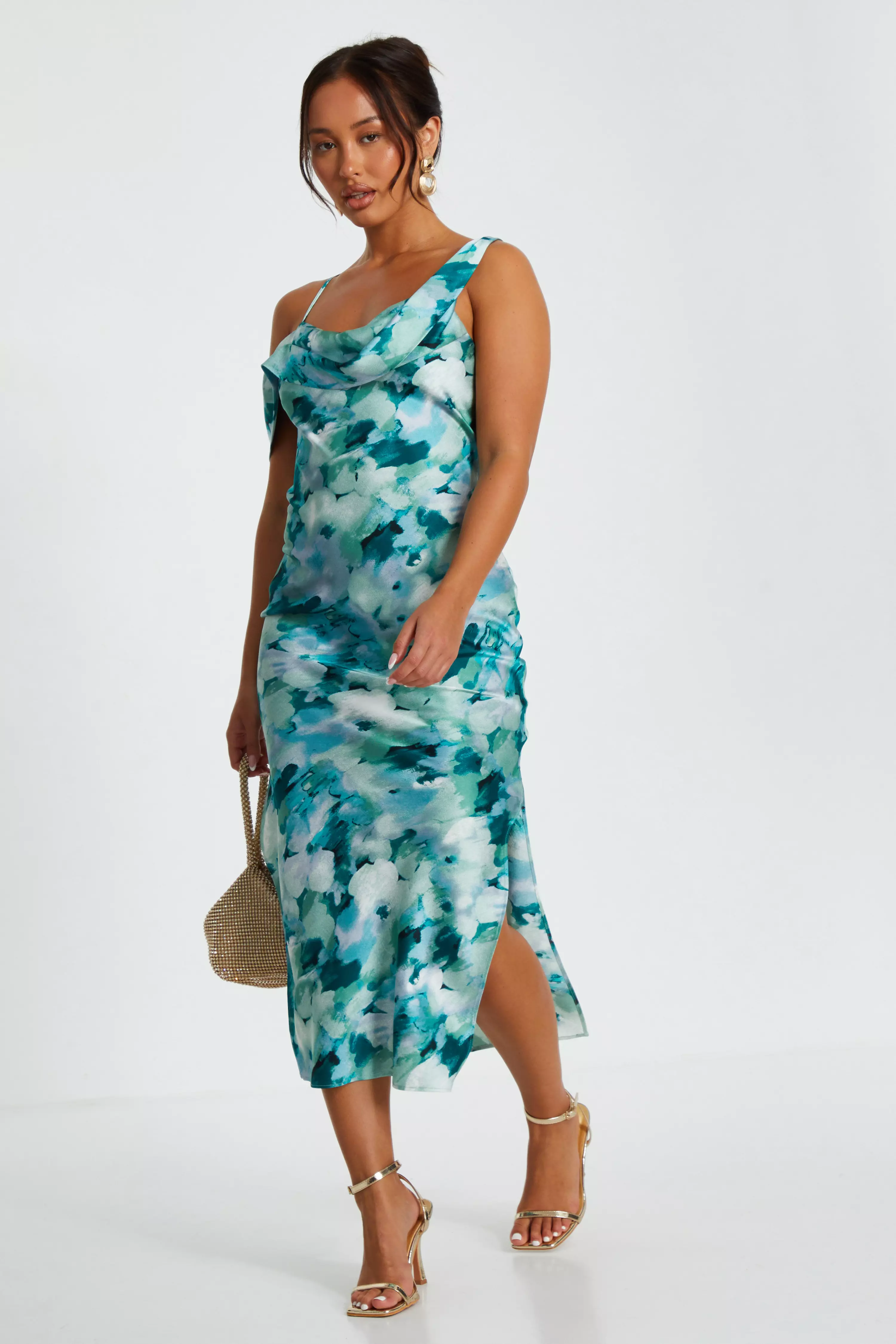 Petite Green Floral Satin Asymmetric Midaxi Dress