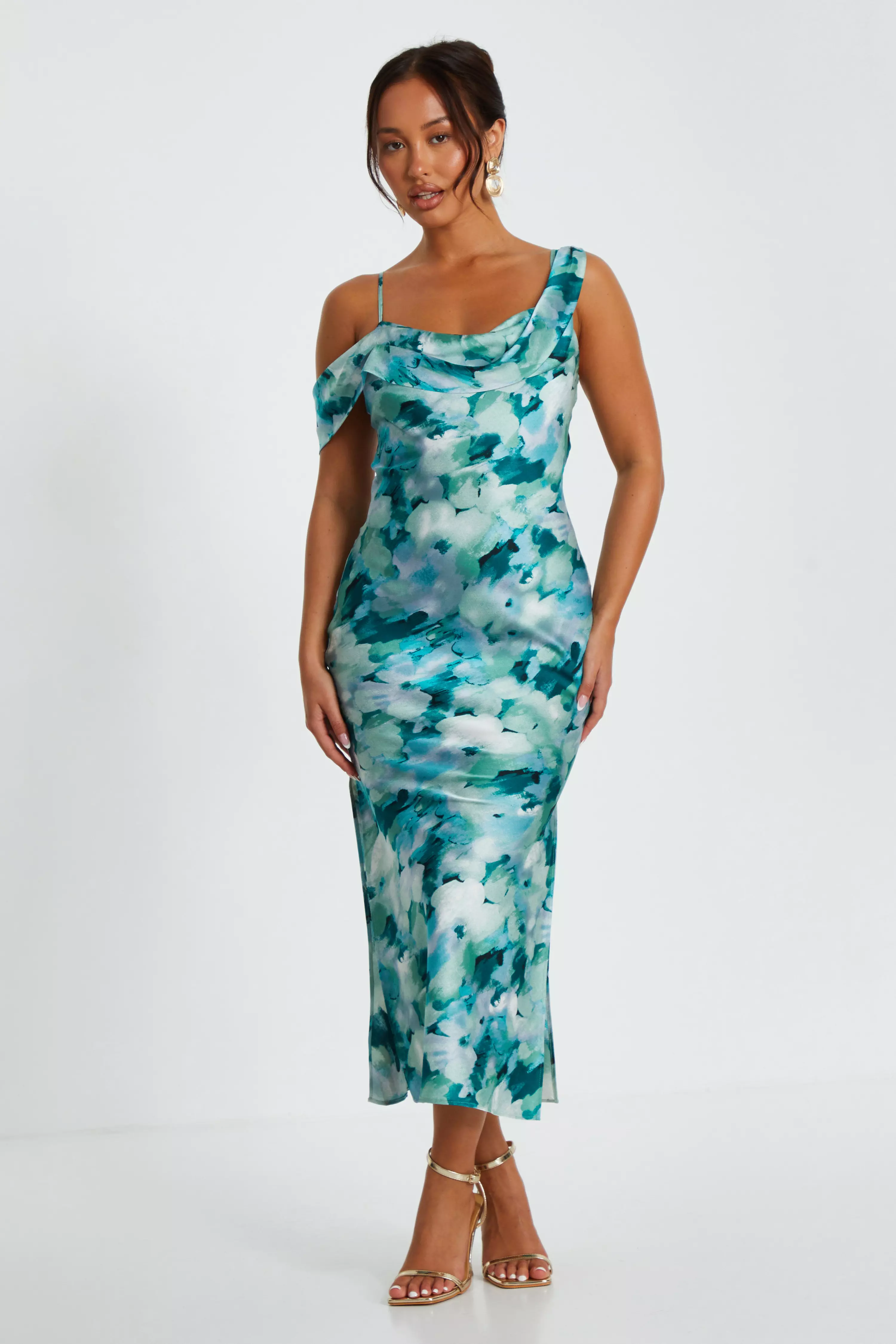 Petite Green Floral Satin Asymmetric Midaxi Dress