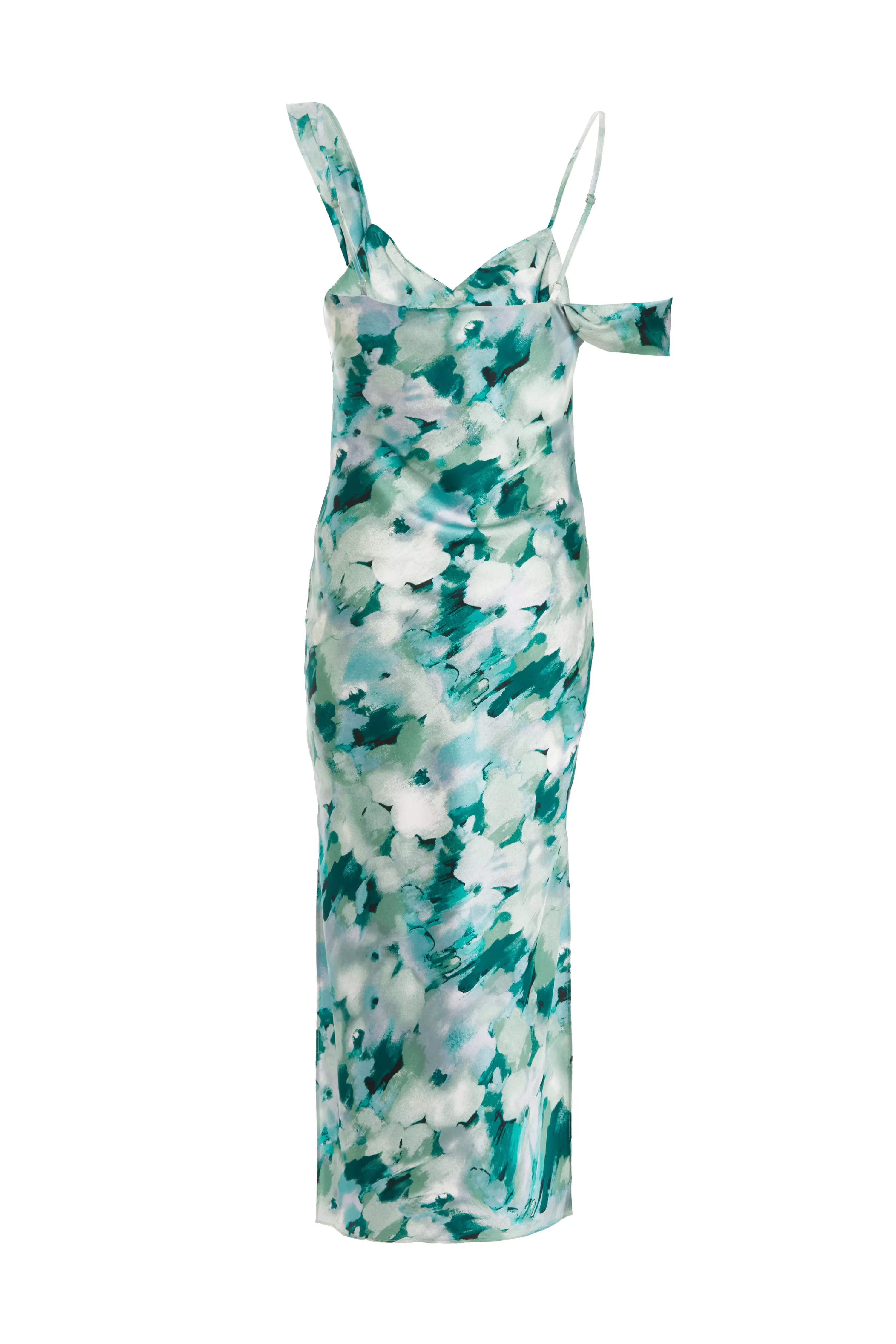 Petite Green Floral Satin Asymmetric Midaxi Dress