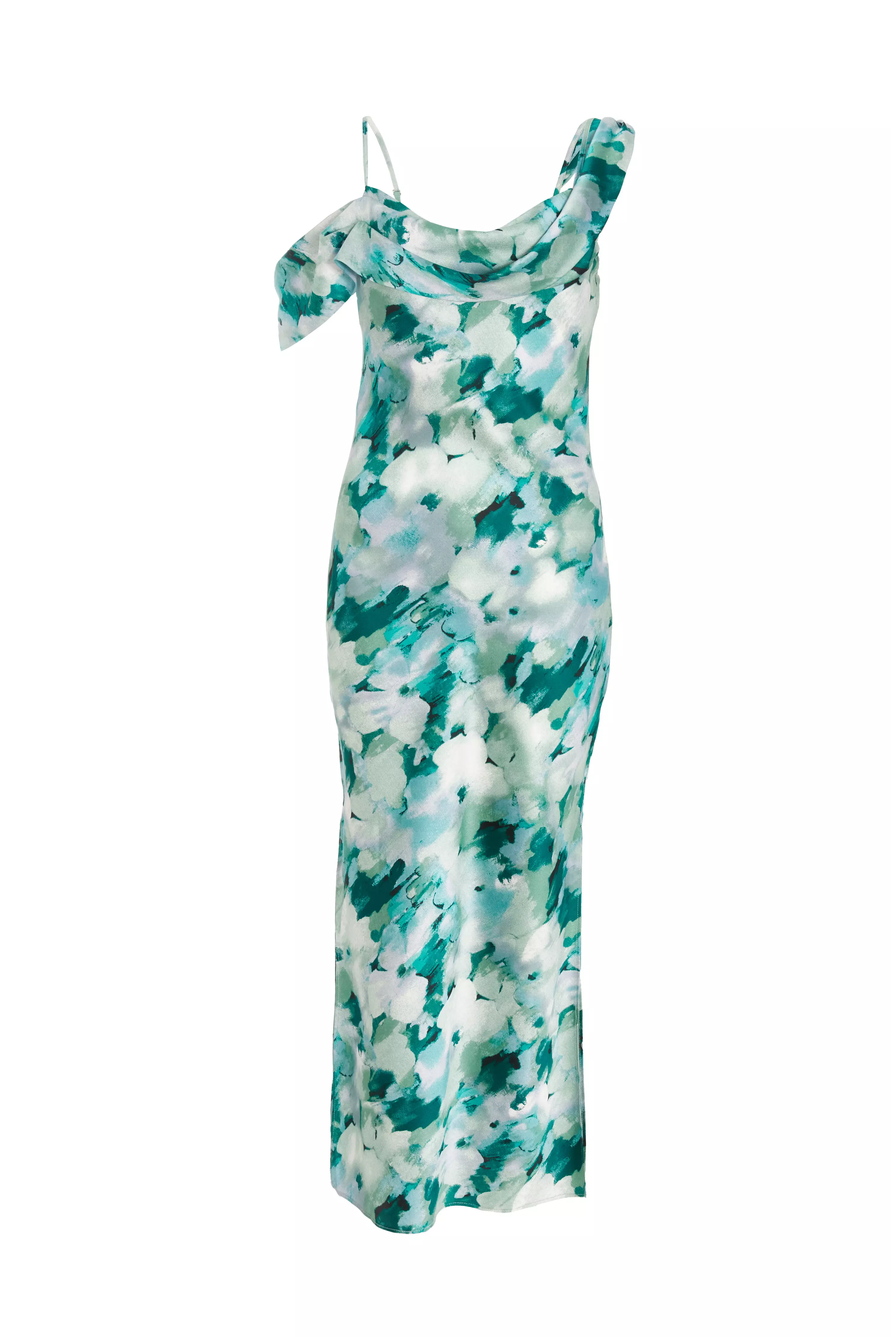 Petite Green Floral Satin Asymmetric Midaxi Dress