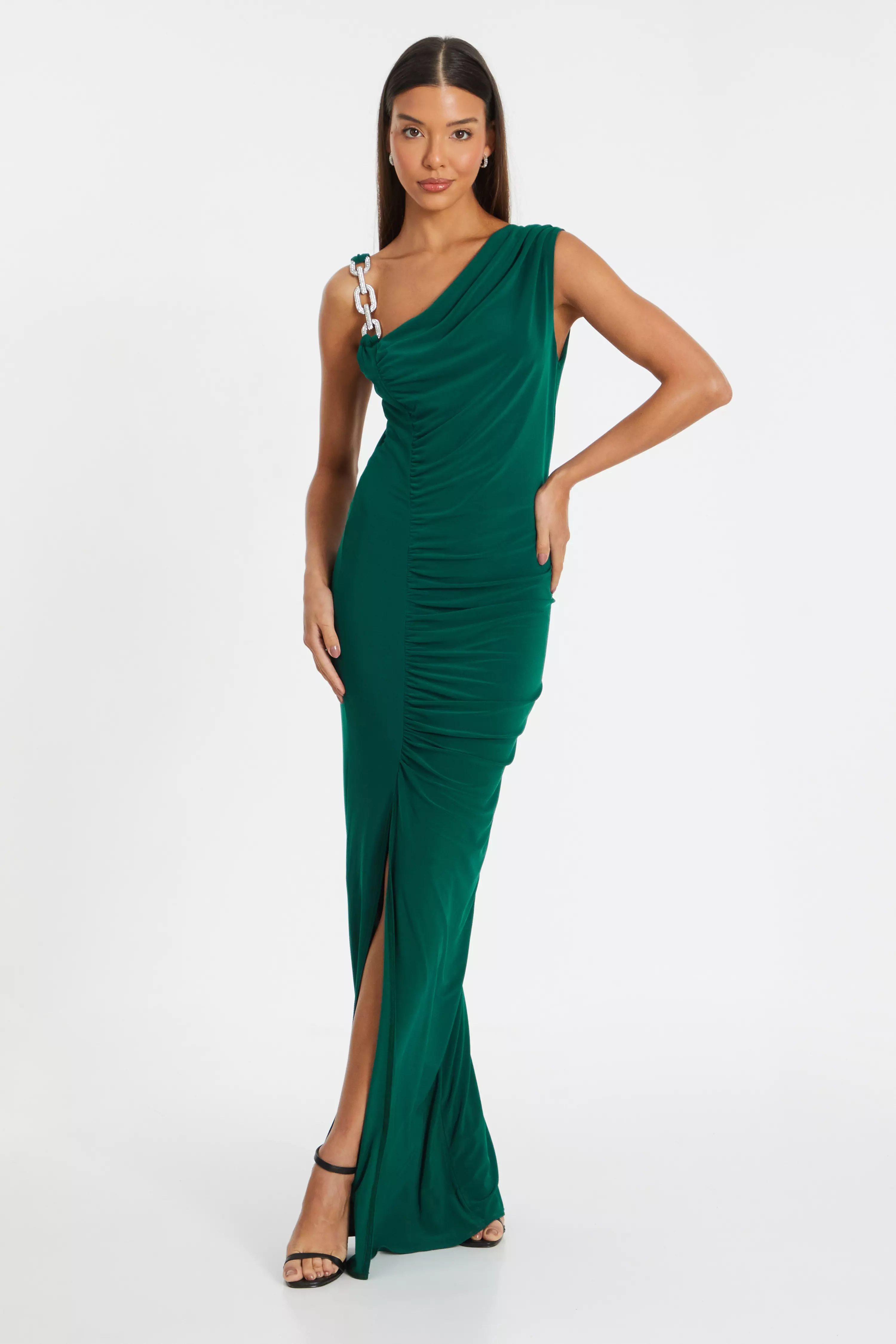 Bottle Green Diamante Trim Maxi Dress