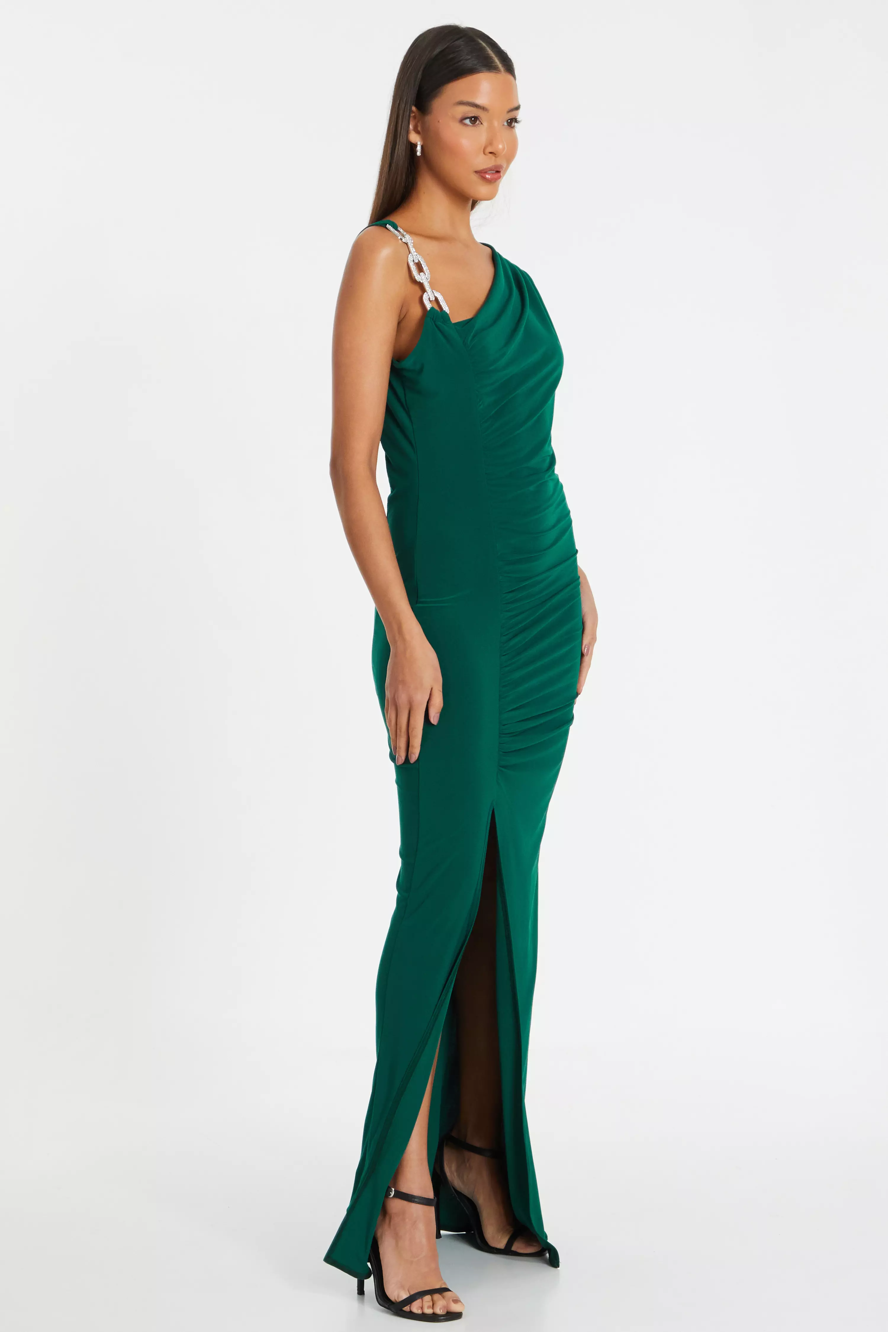 Bottle Green Diamante Trim Maxi Dress