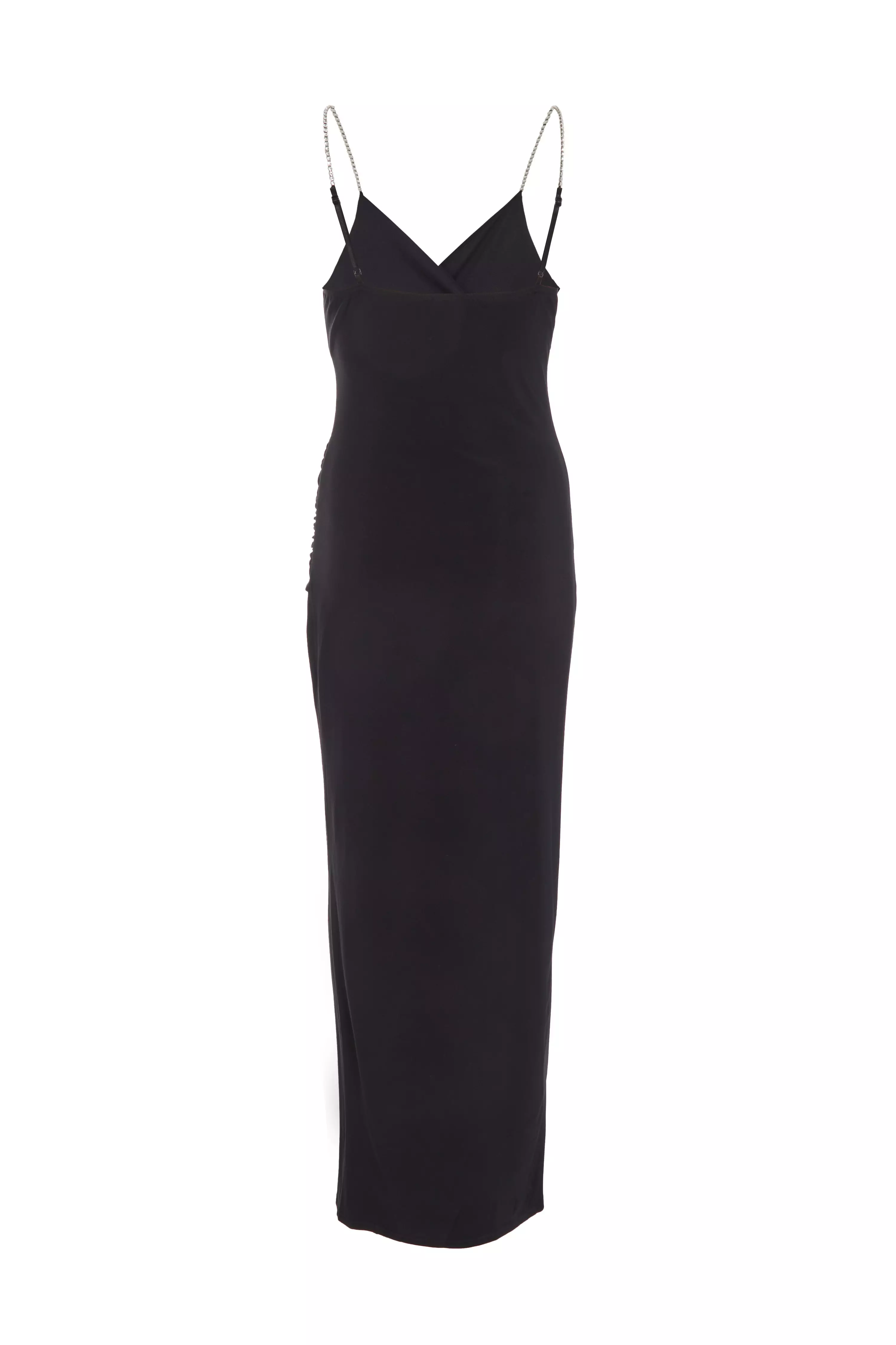 Petite Black Diamante Ruched Maxi Dress