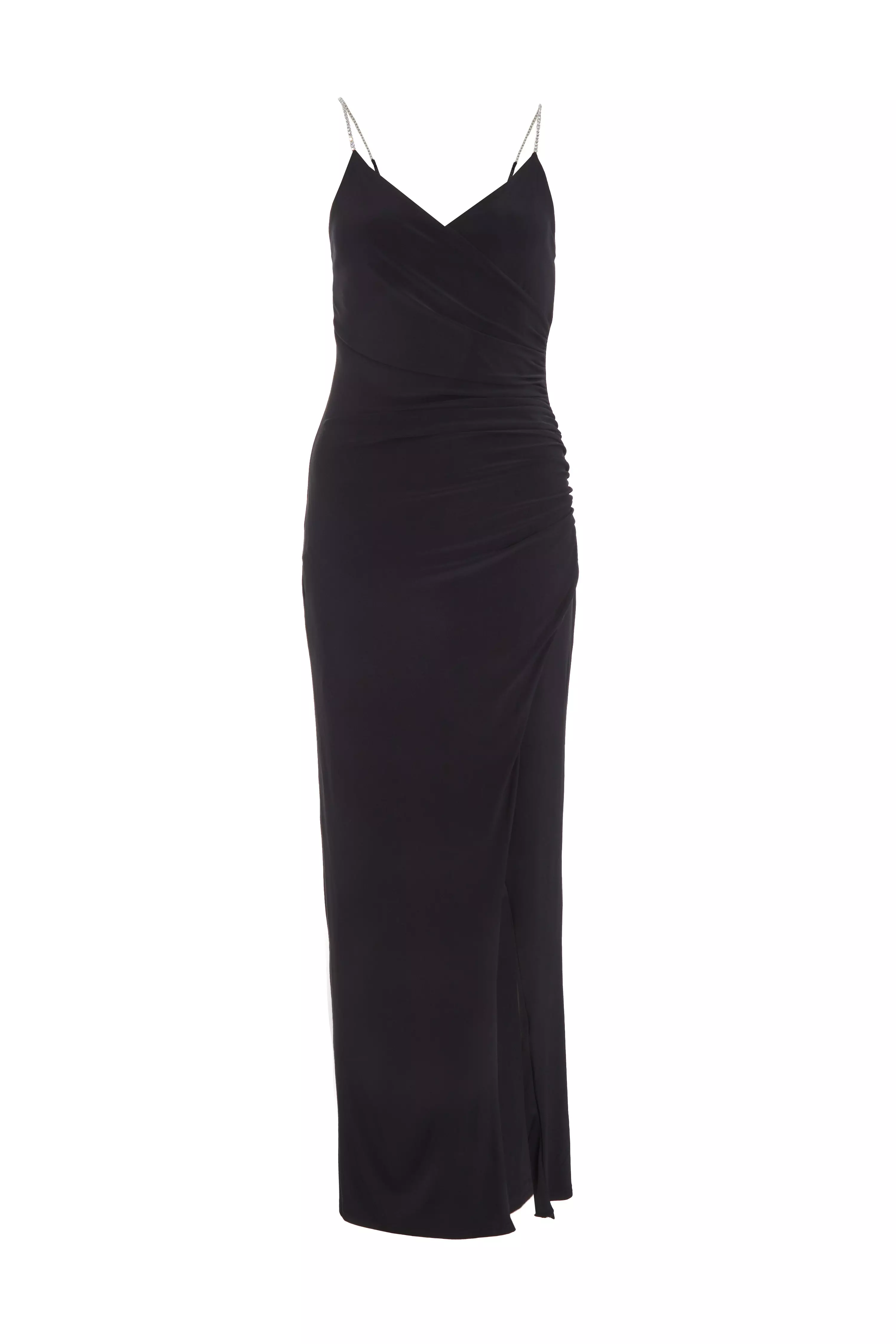 Petite Black Diamante Ruched Maxi Dress