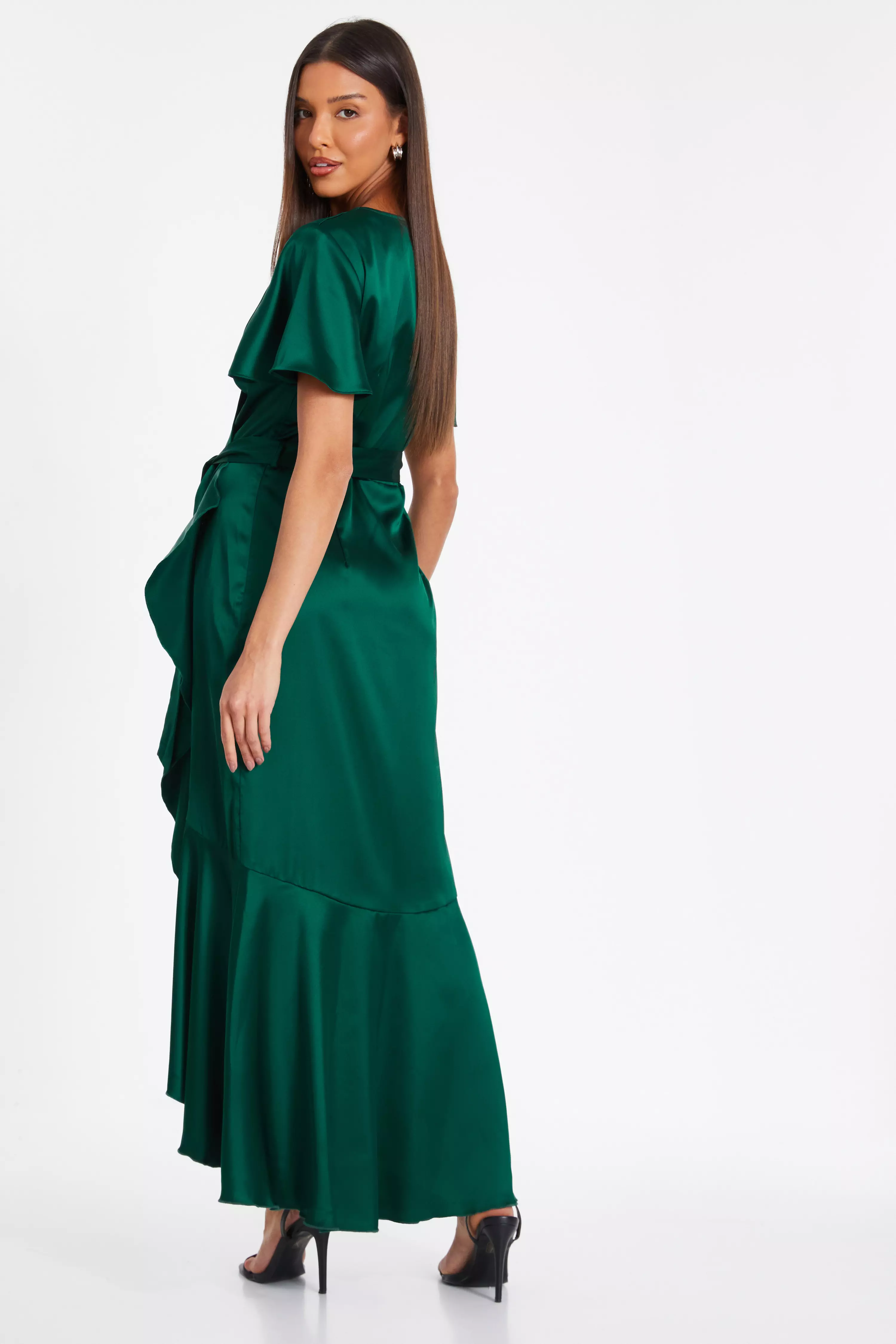 Bottle Green Satin Wrap Maxi Dress