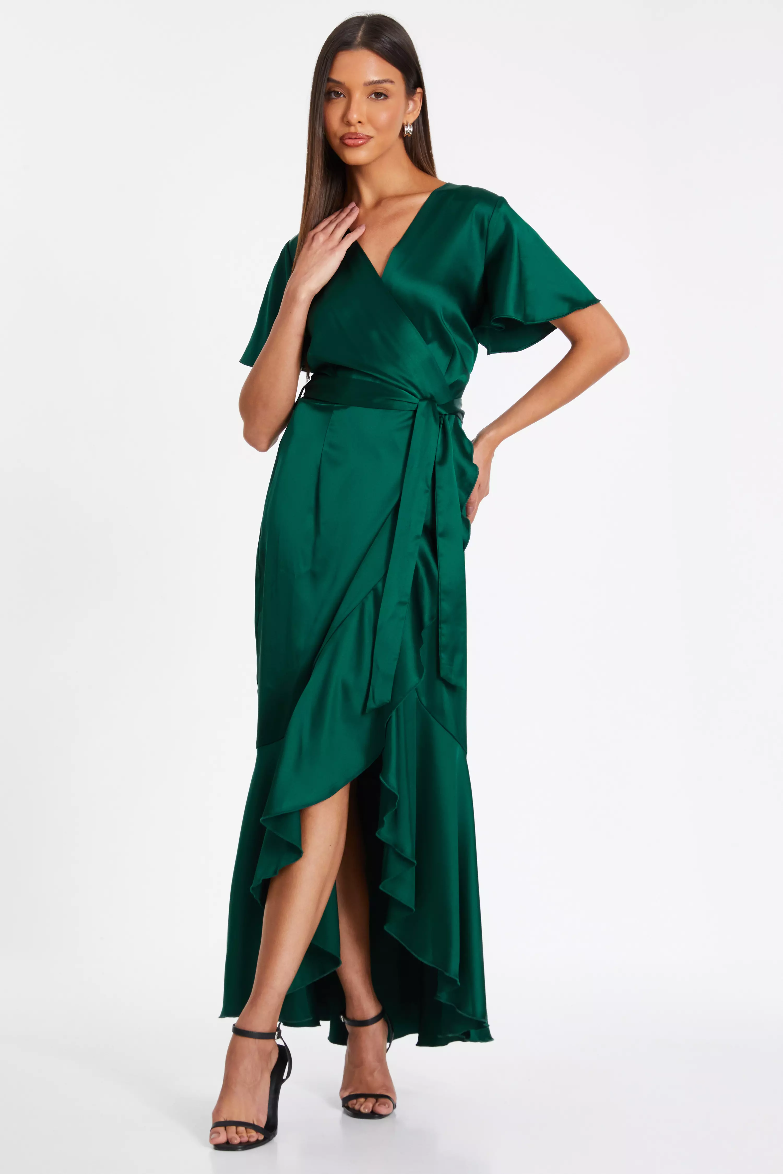 Bottle Green Satin Wrap Maxi Dress