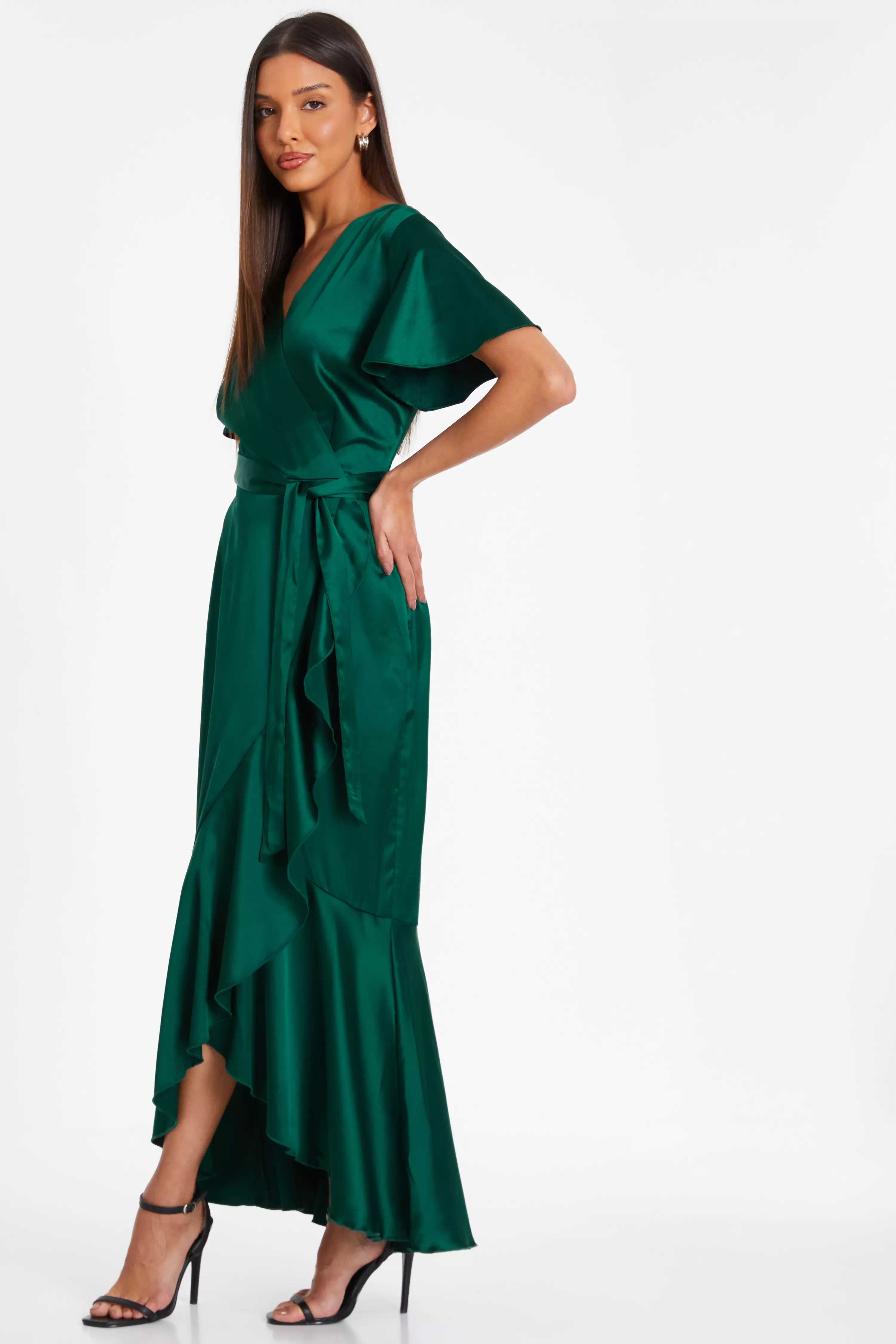 Bottle Green Satin Wrap Maxi Dress