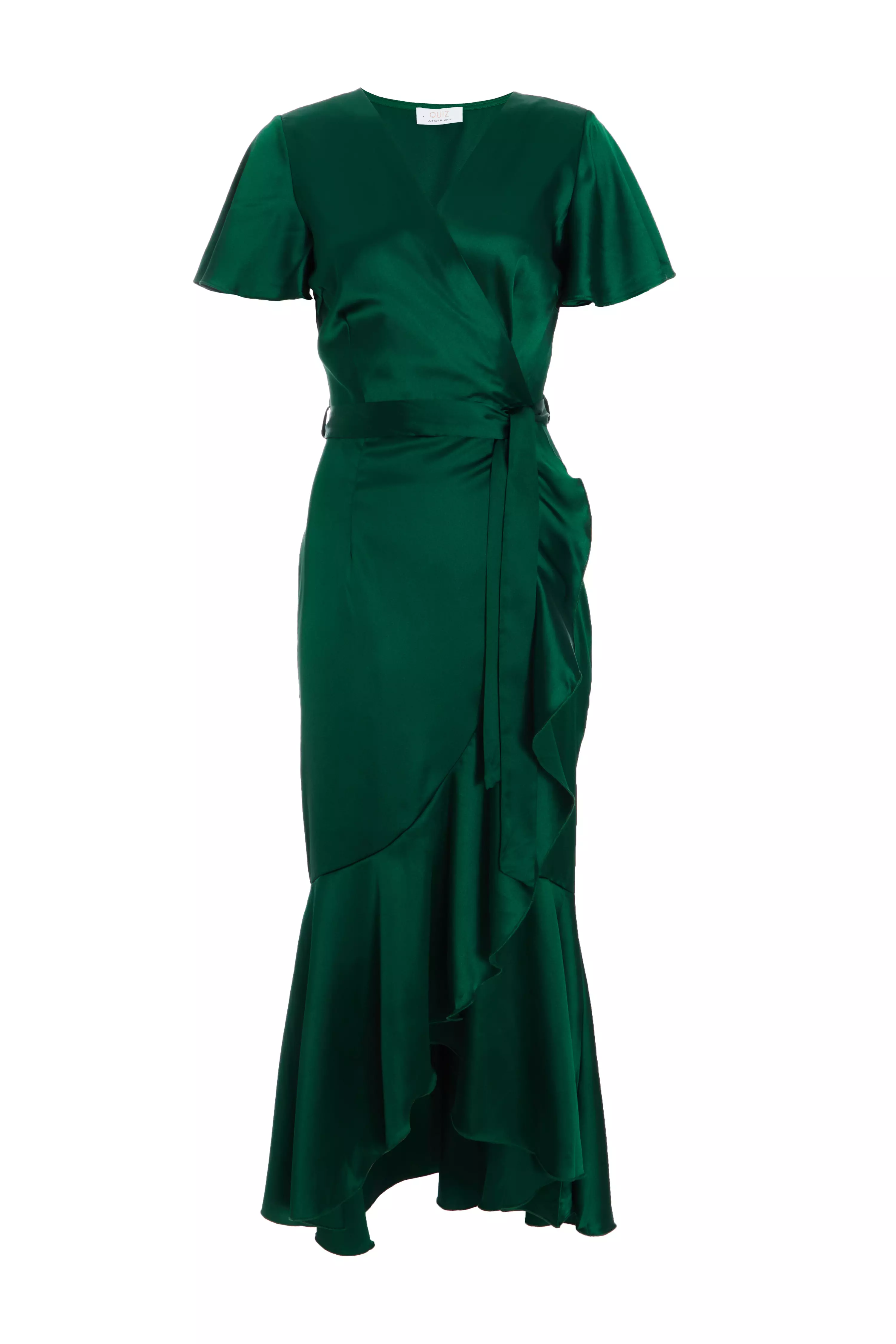 Bottle Green Satin Wrap Maxi Dress