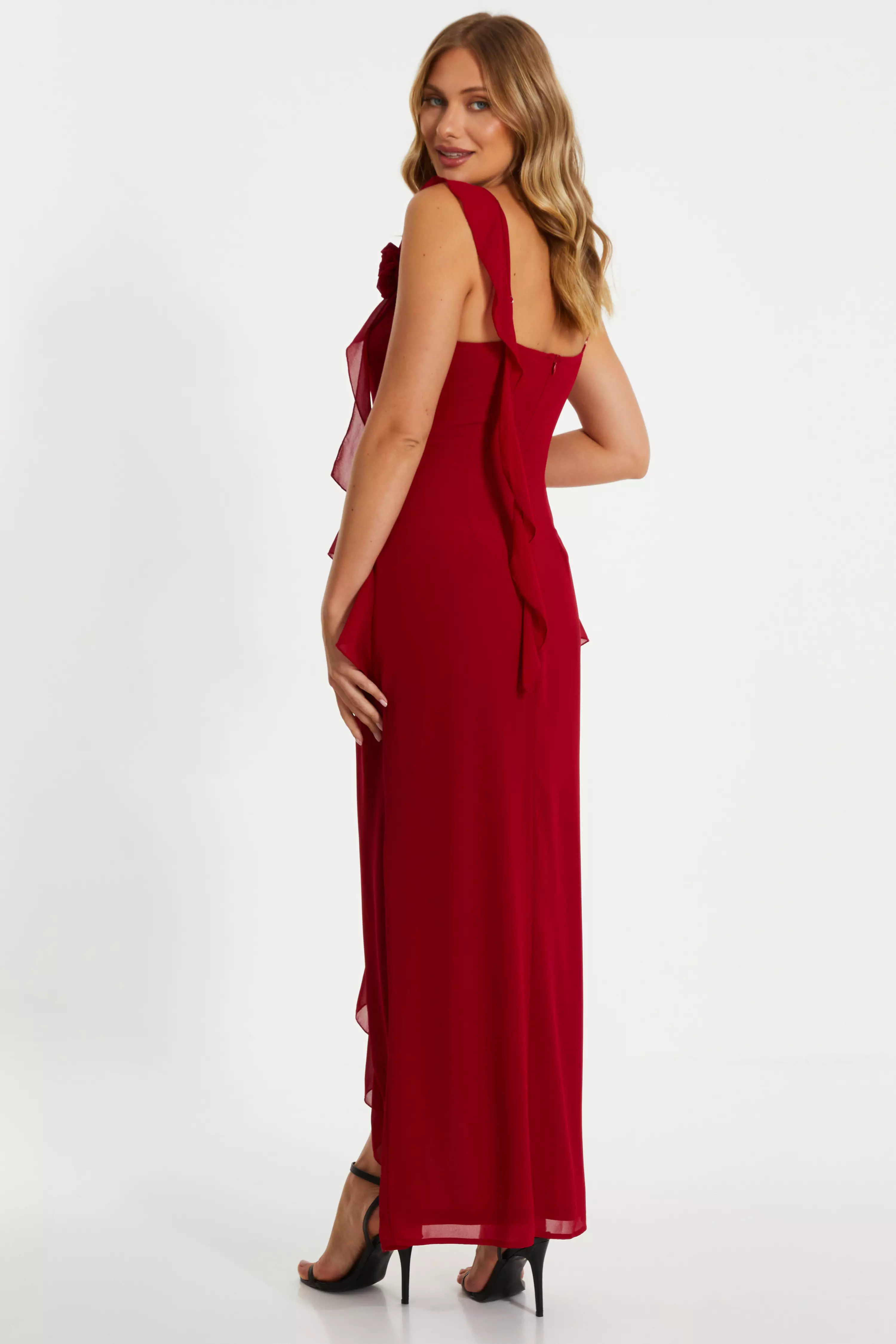 Red Chiffon Frill Maxi Dress