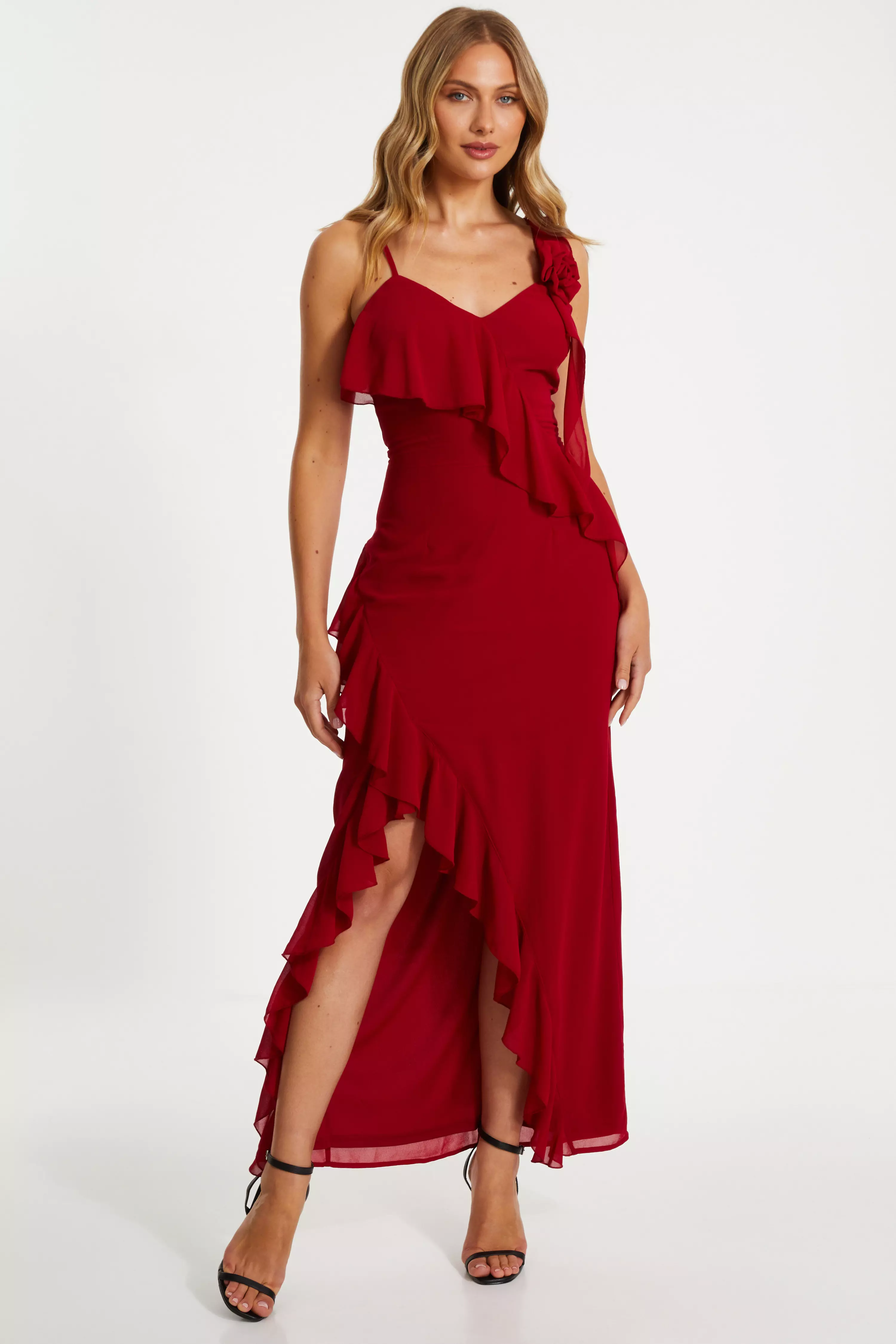 Red Chiffon Frill Maxi Dress
