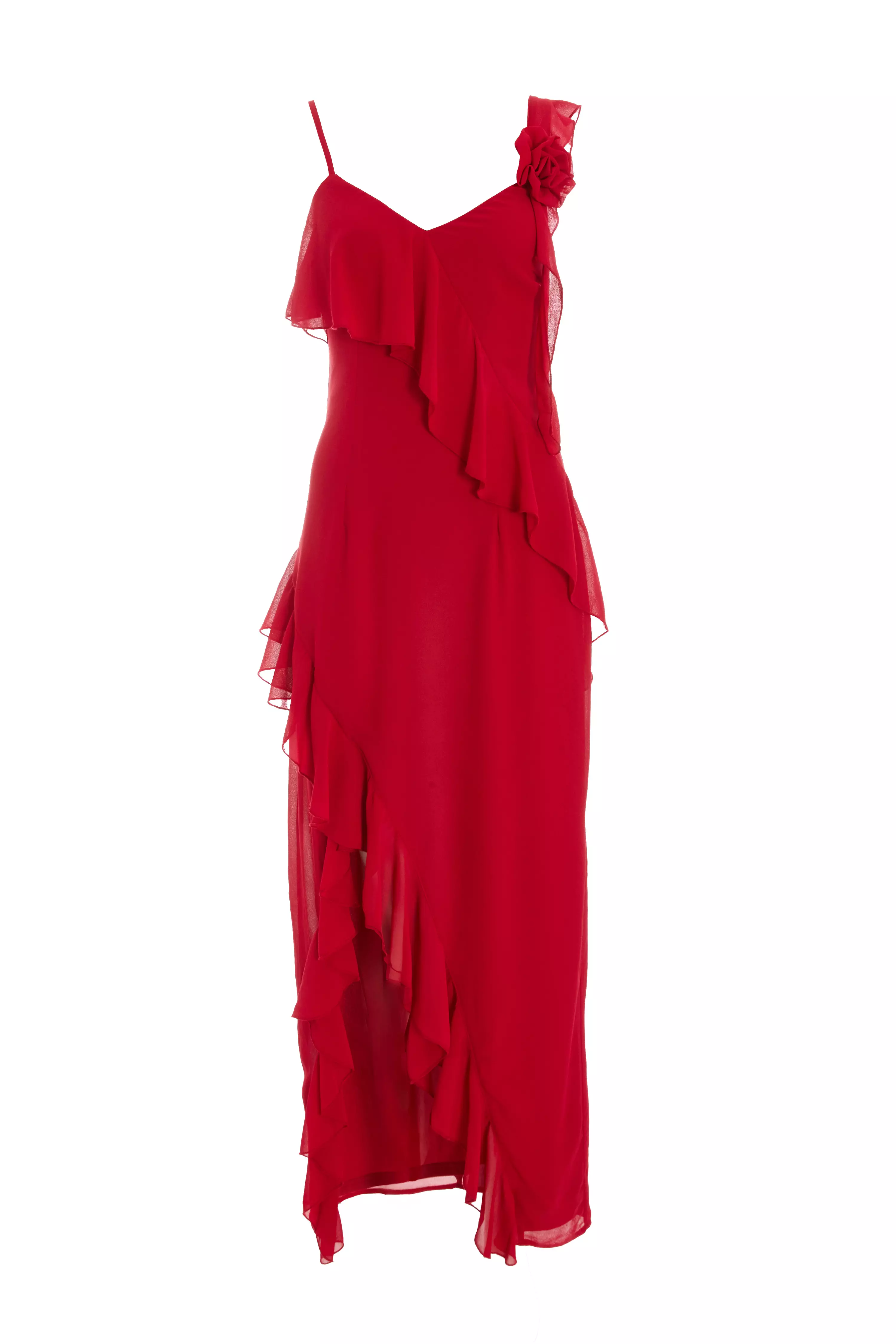 Red Chiffon Frill Maxi Dress