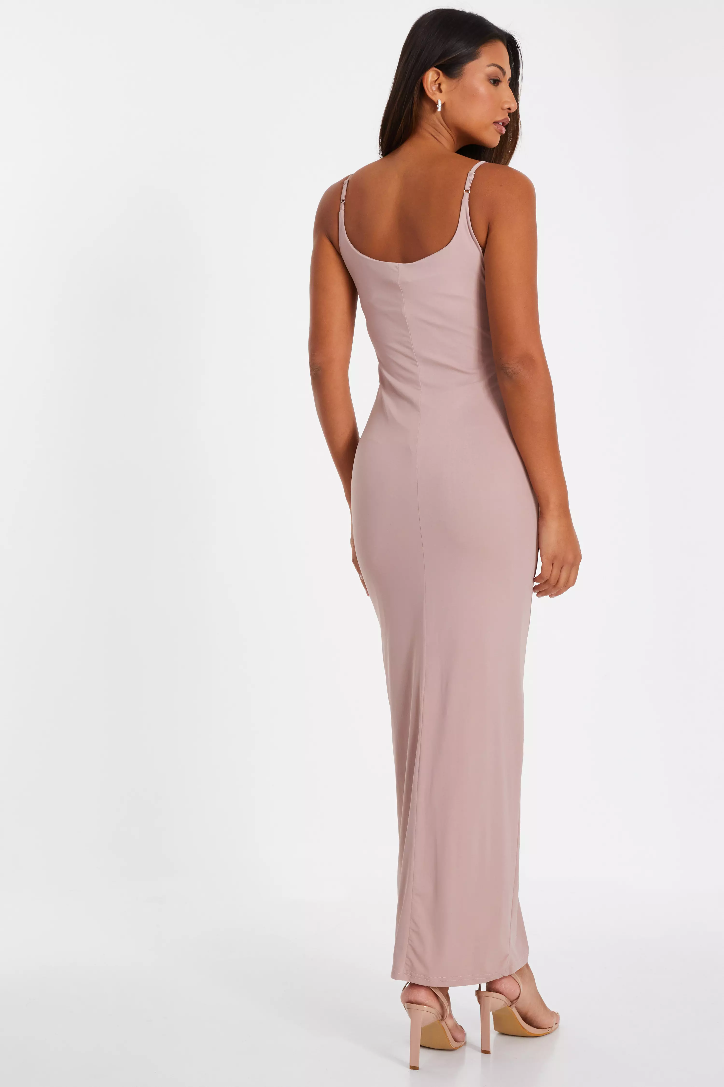 Nude Rhinestone Square Neck Maxi Dress