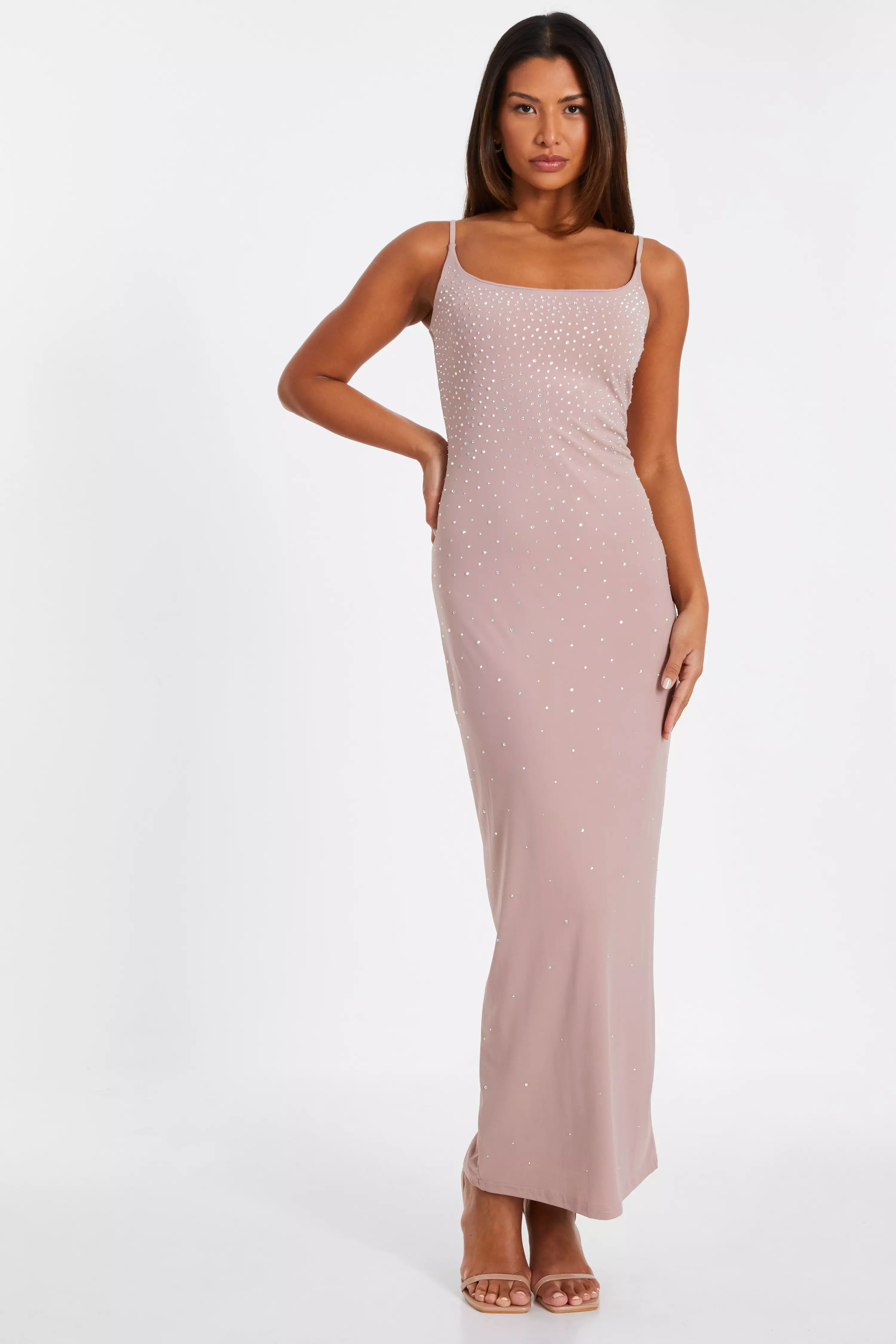 Nude Rhinestone Square Neck Maxi Dress