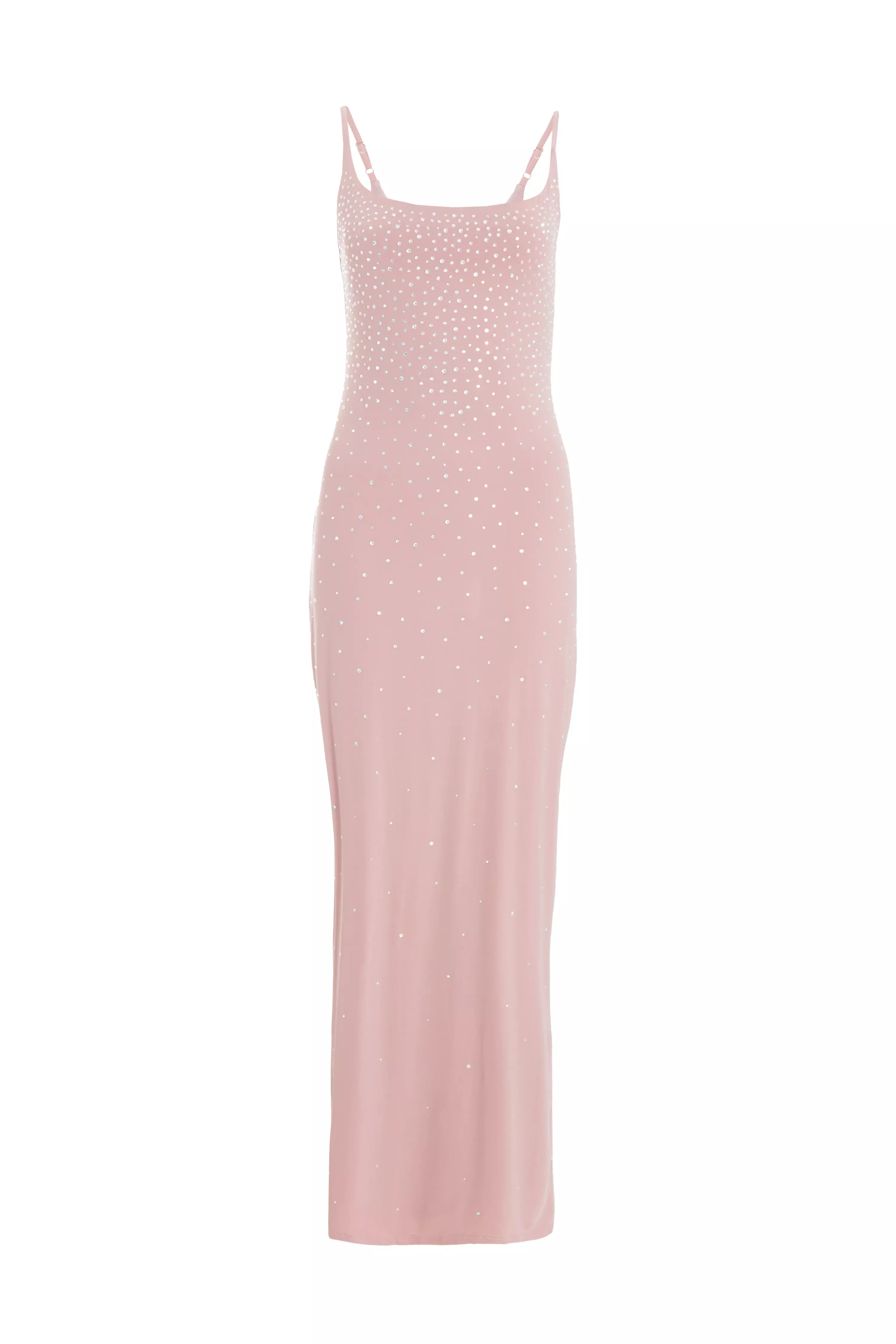 Nude Rhinestone Square Neck Maxi Dress