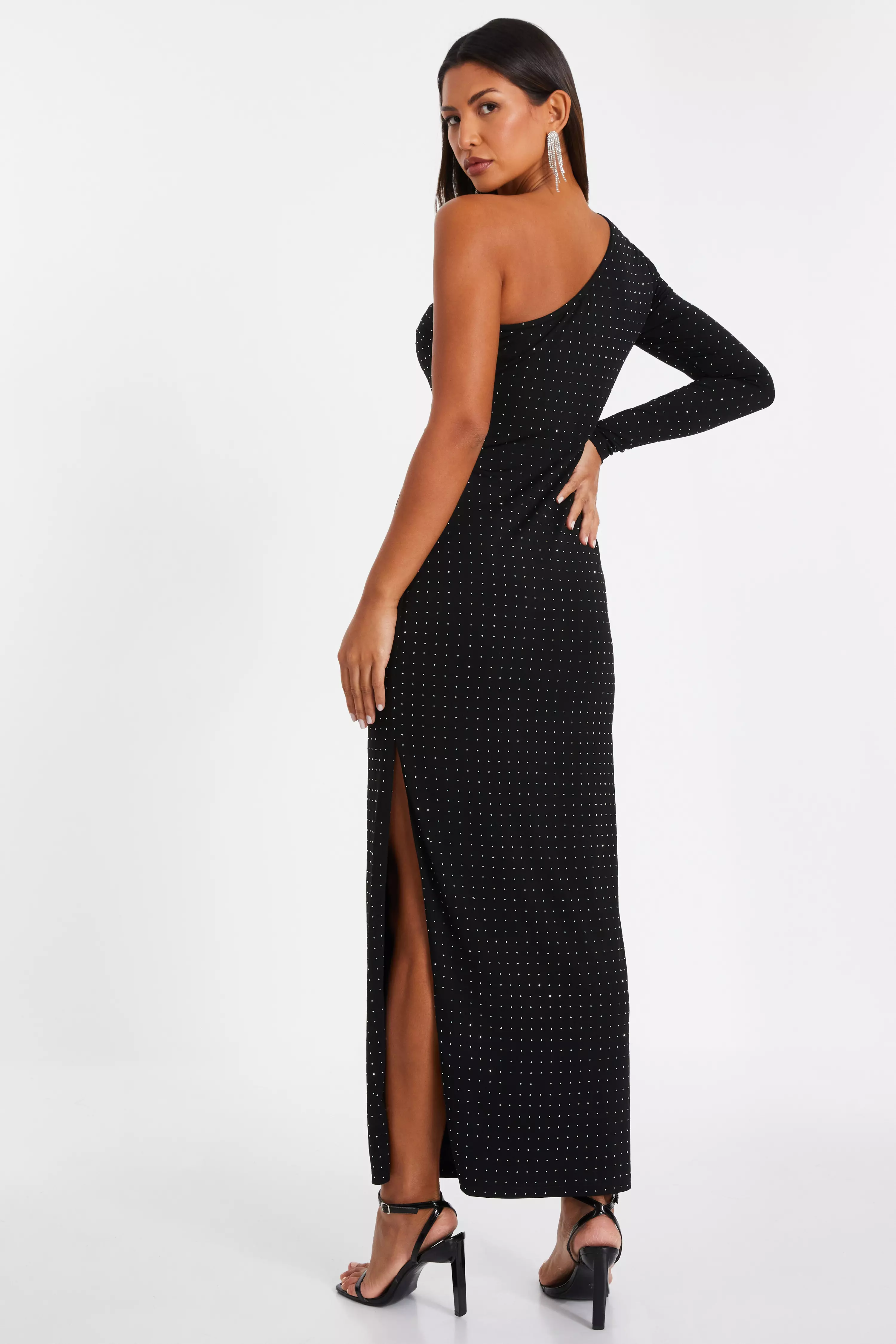 Black Diamante One Shoulder Maxi Dress