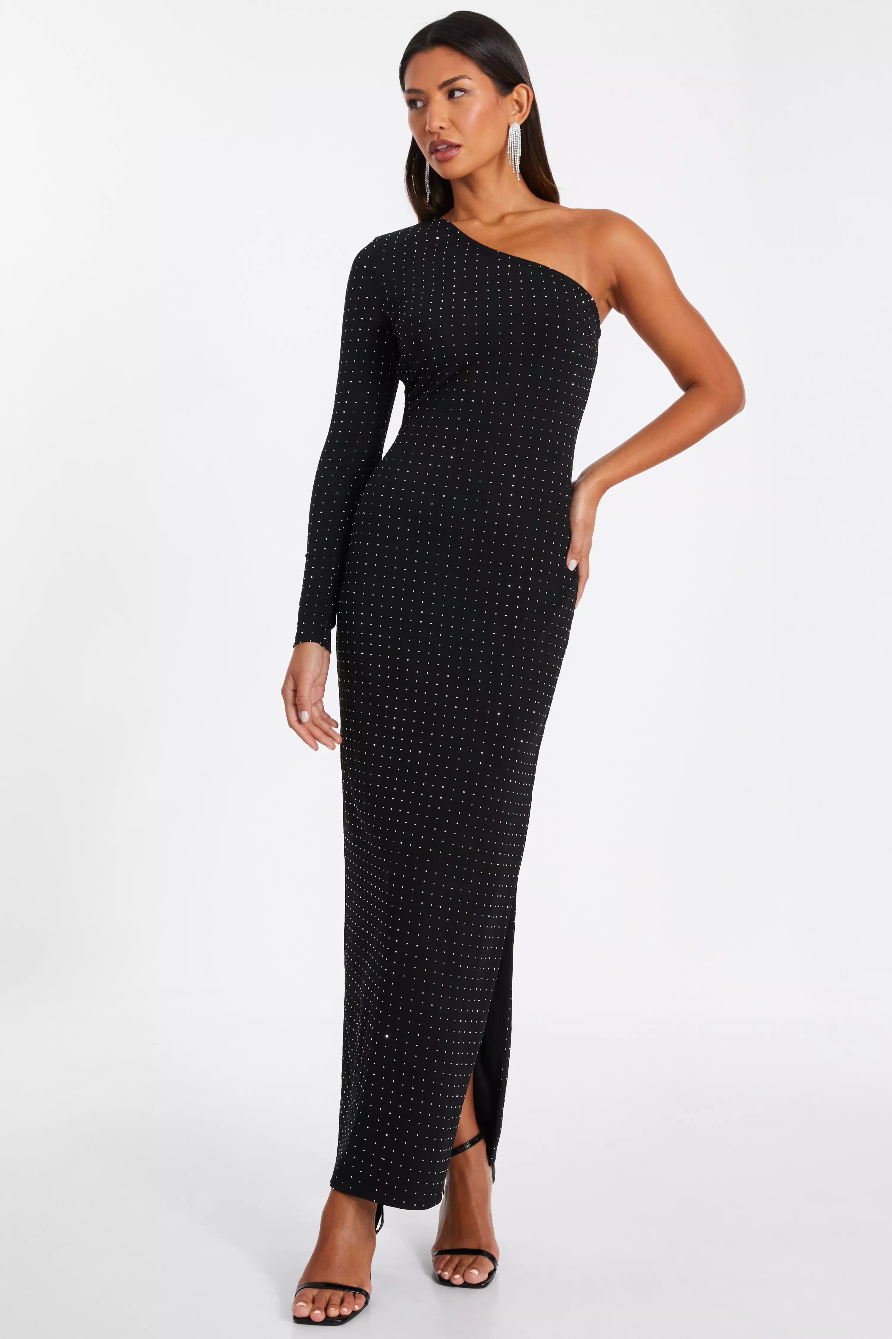 Black Diamante One Shoulder Maxi Dress