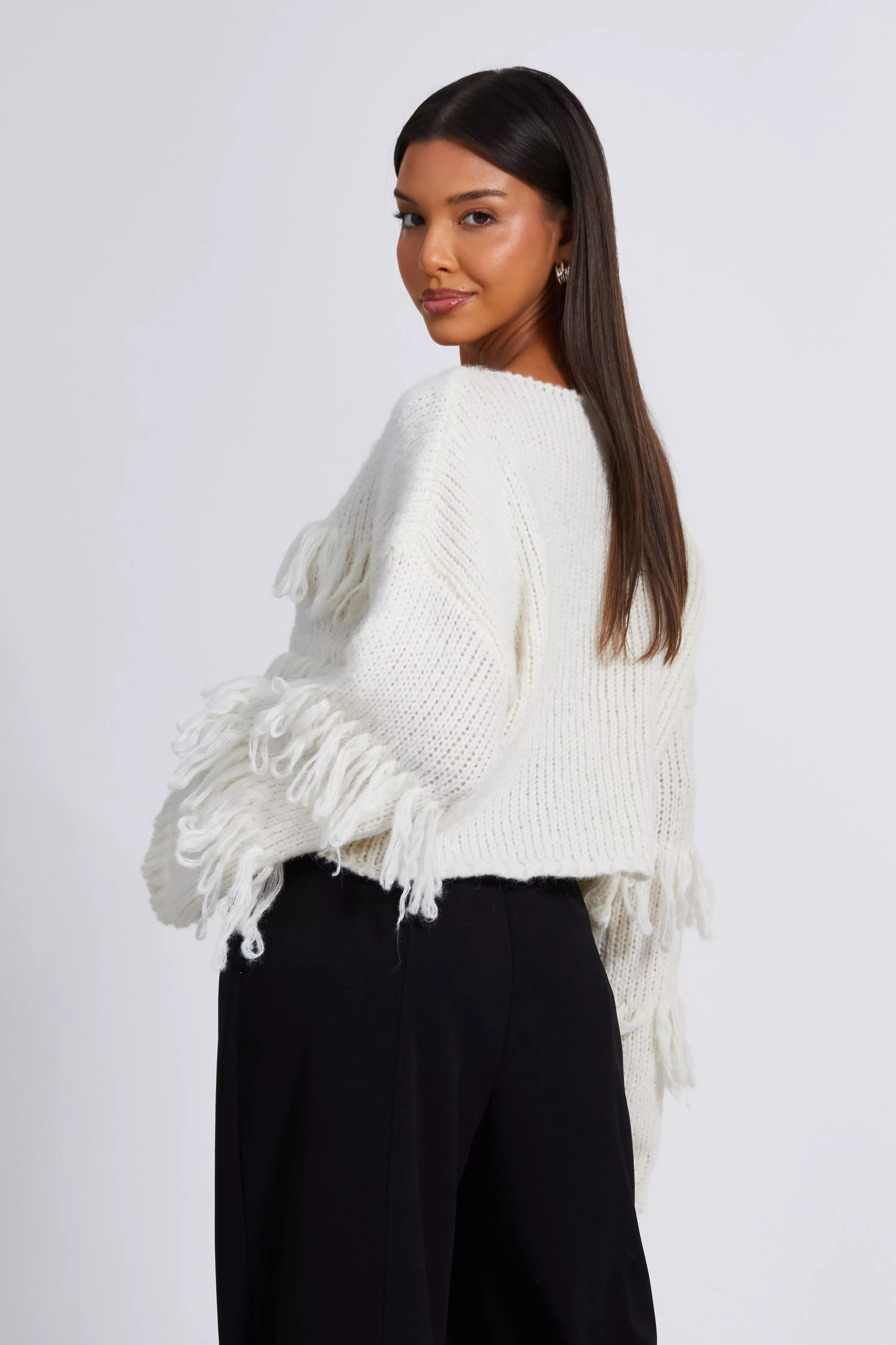 Cream Knit Fringe Detail Jumper