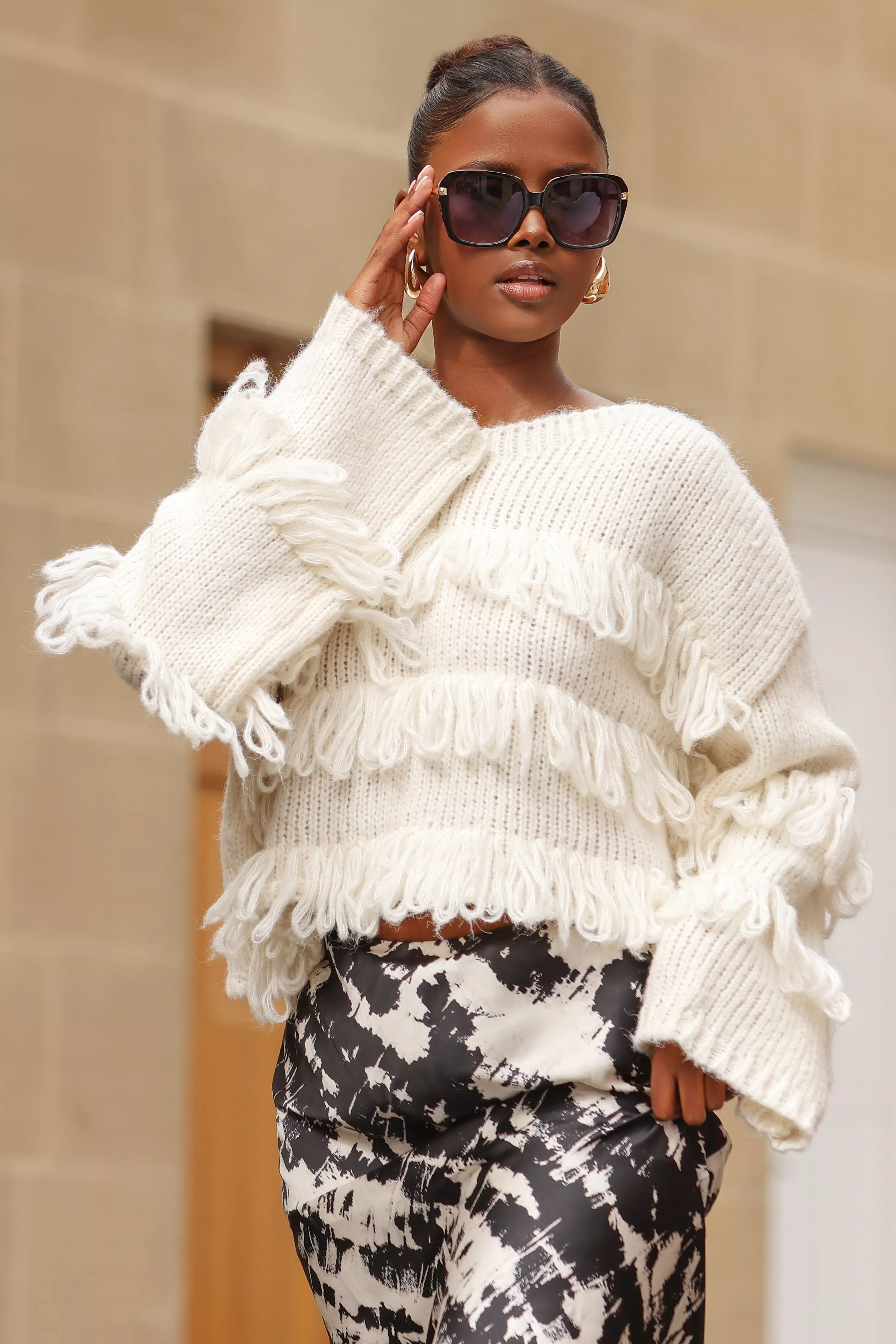 Cream Knit Fringe Detail Jumper