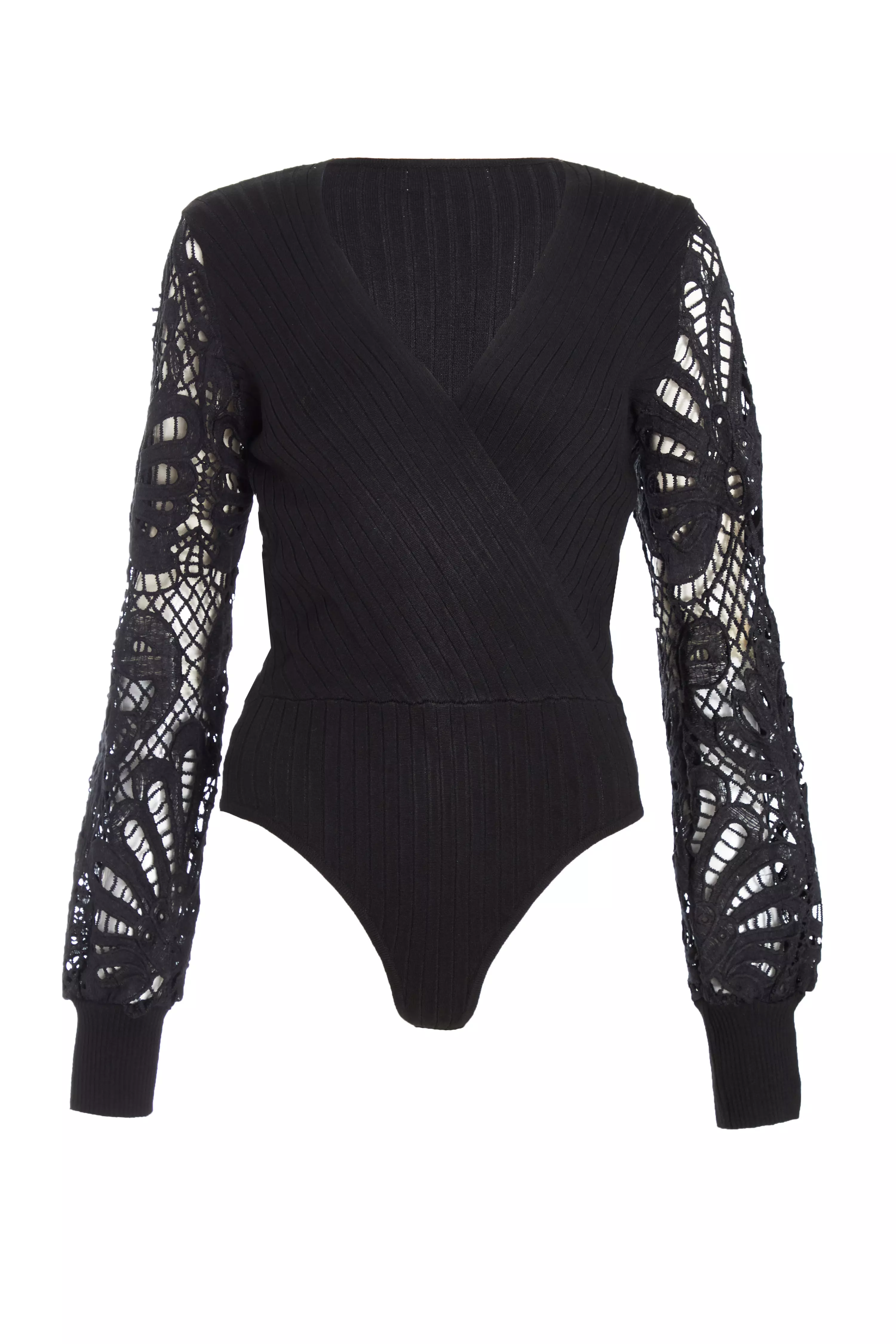 Black Knitted Crochet Sleeve Bodysuit