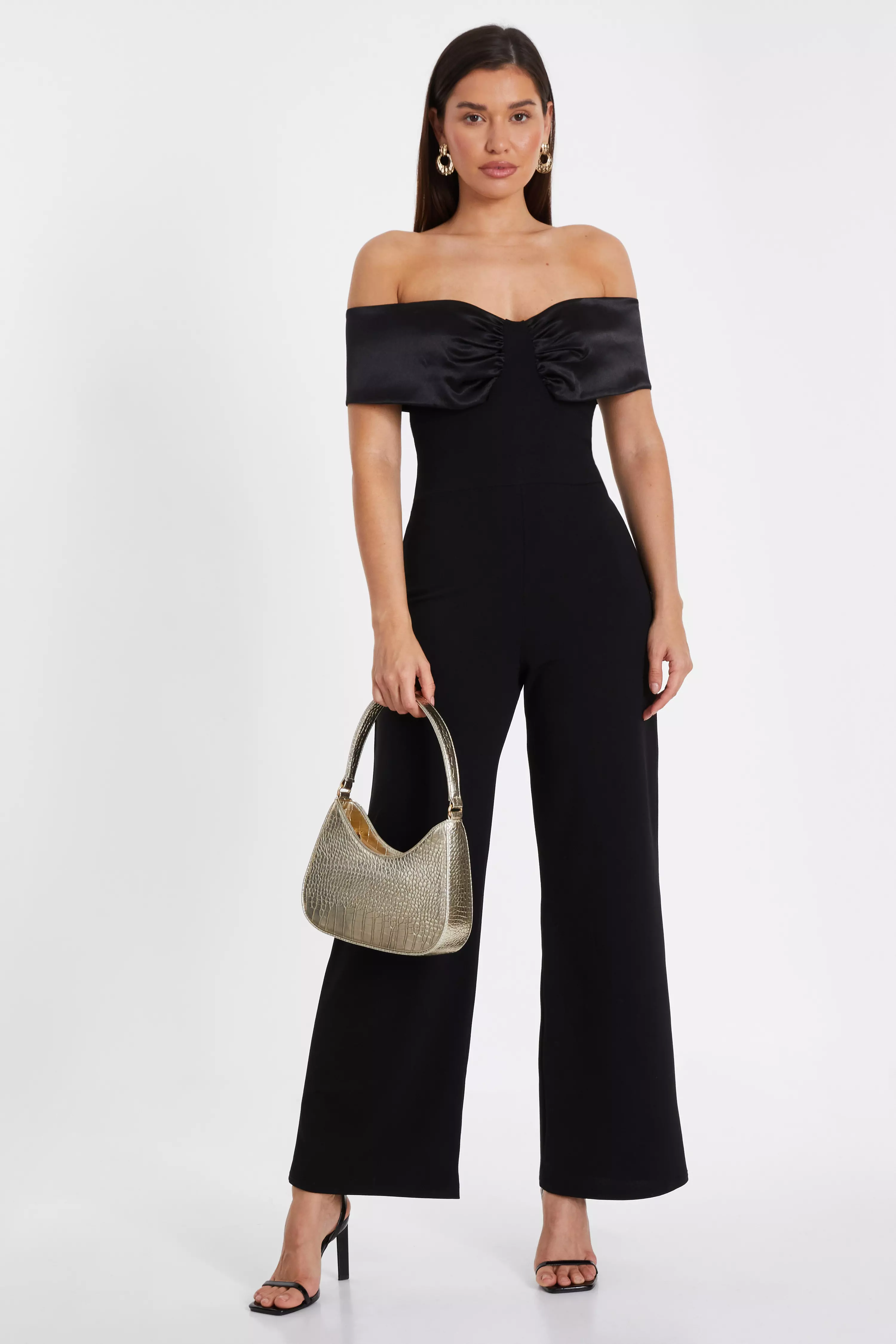 Black Bardot Satin Detail Jumpsuit