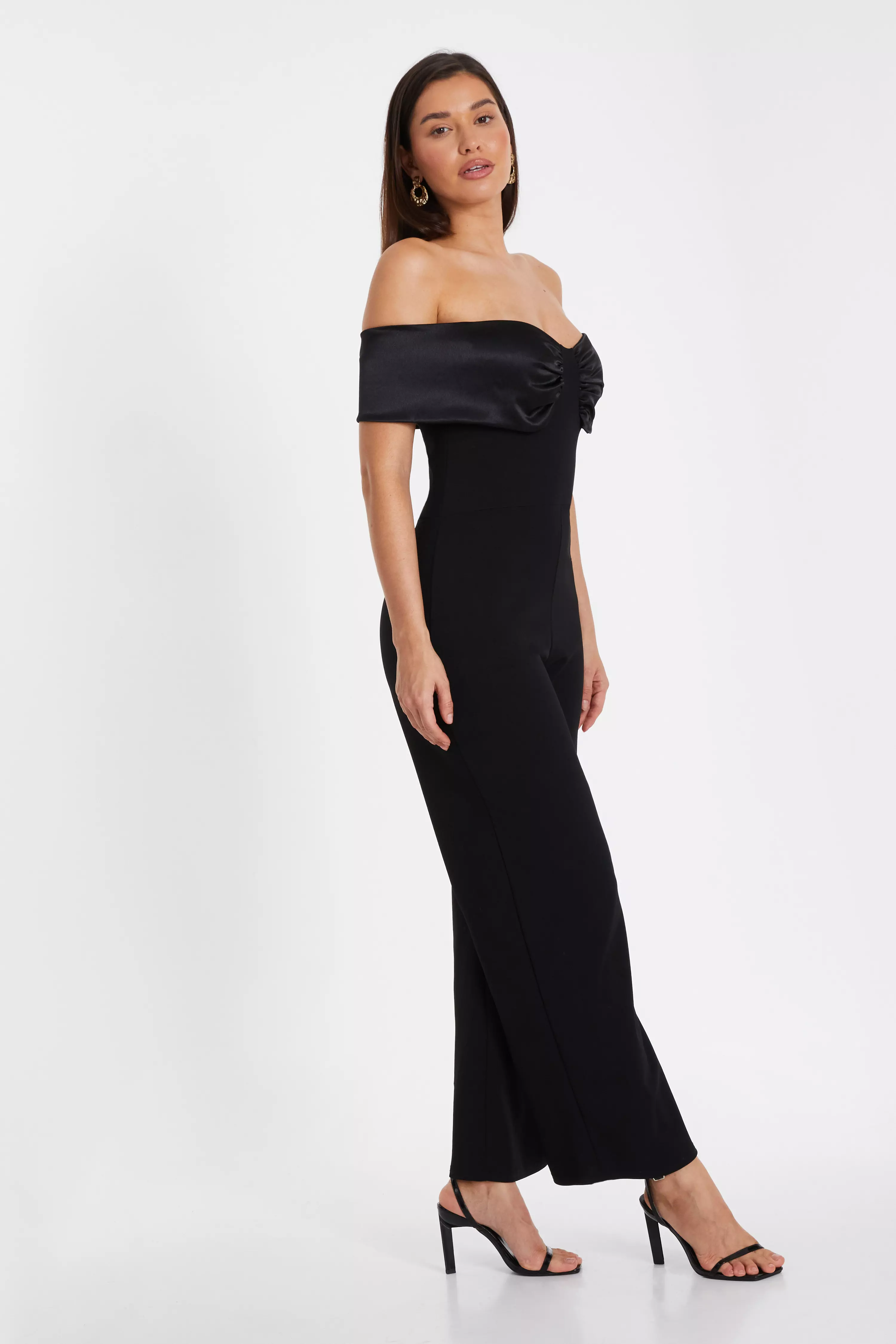 Black Bardot Satin Detail Jumpsuit