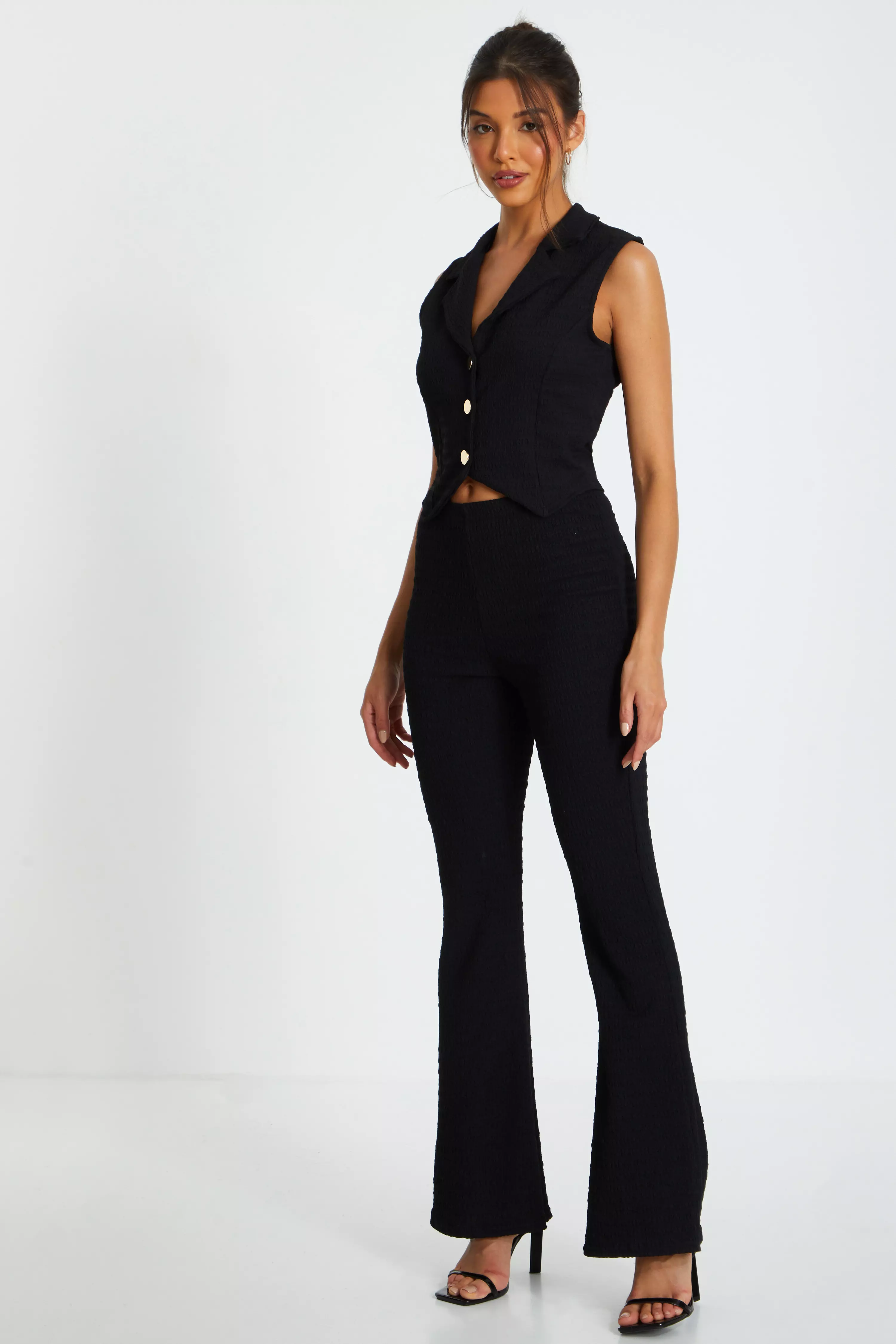 Black Textured Button Down Sleeveless Waistcoat