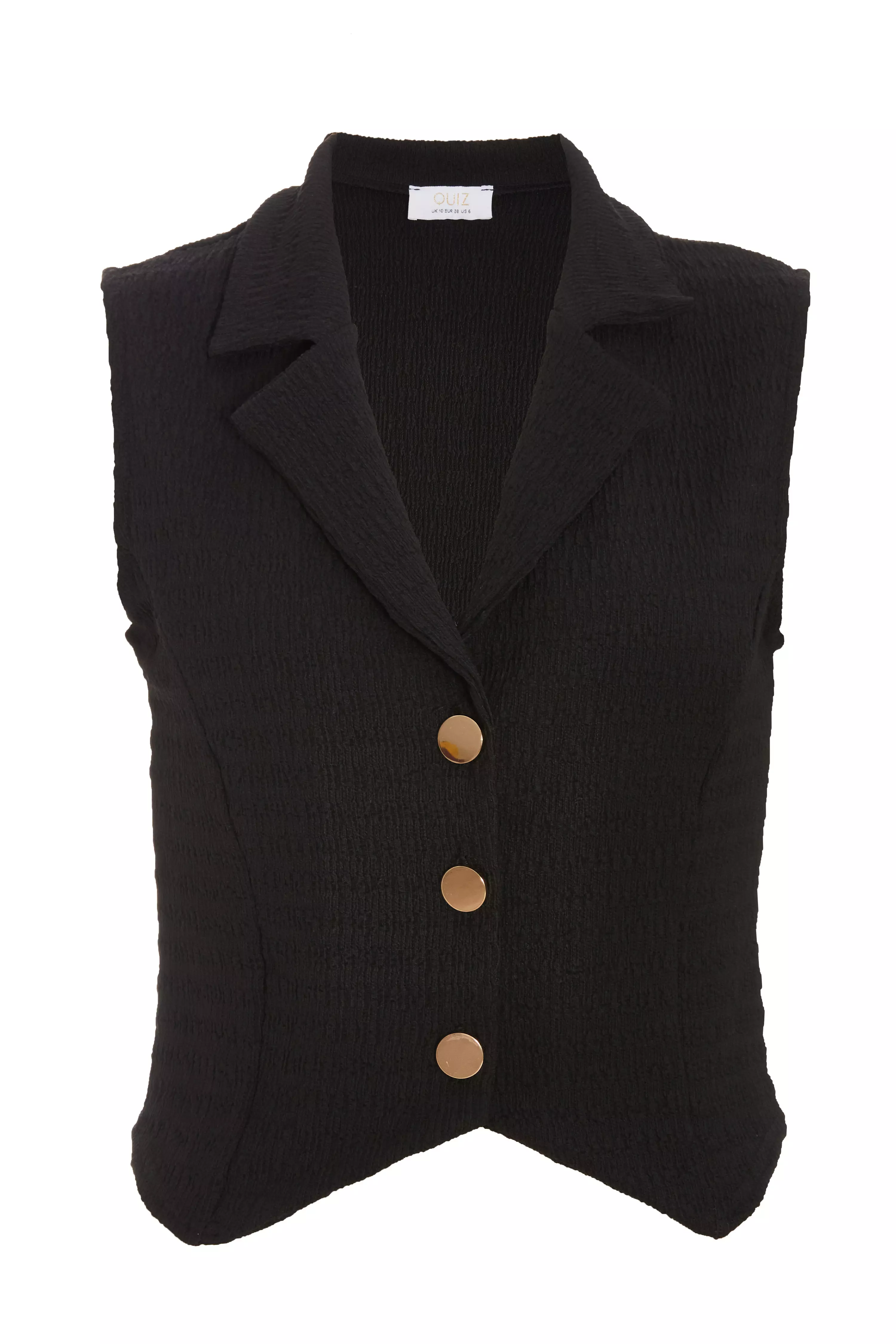 Black Textured Button Down Sleeveless Waistcoat